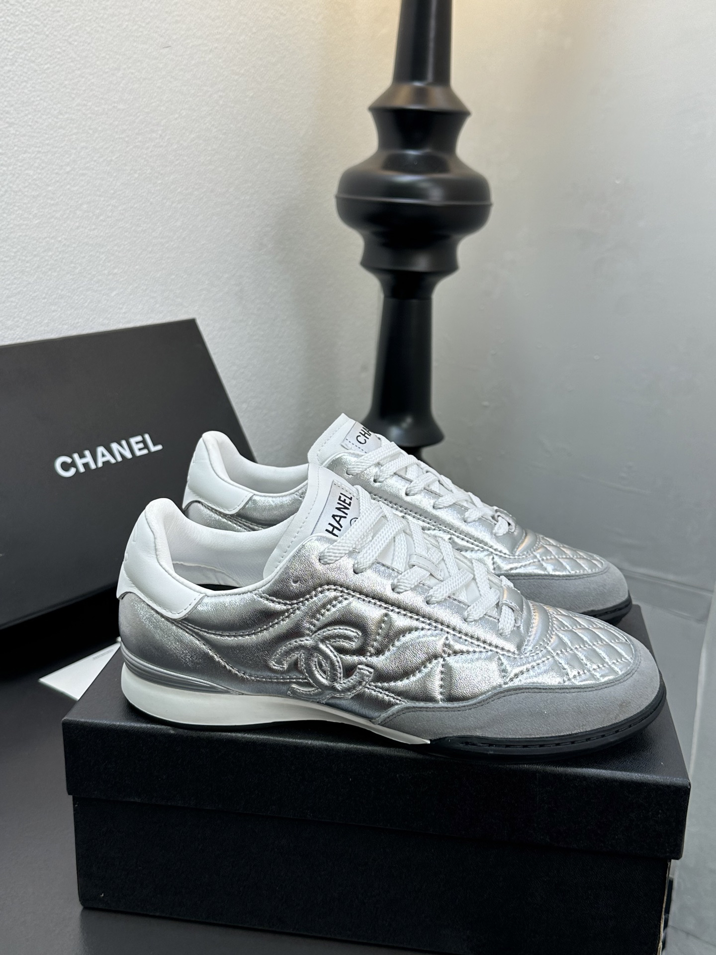 Chanel Quilted Leather Sneakers Silver