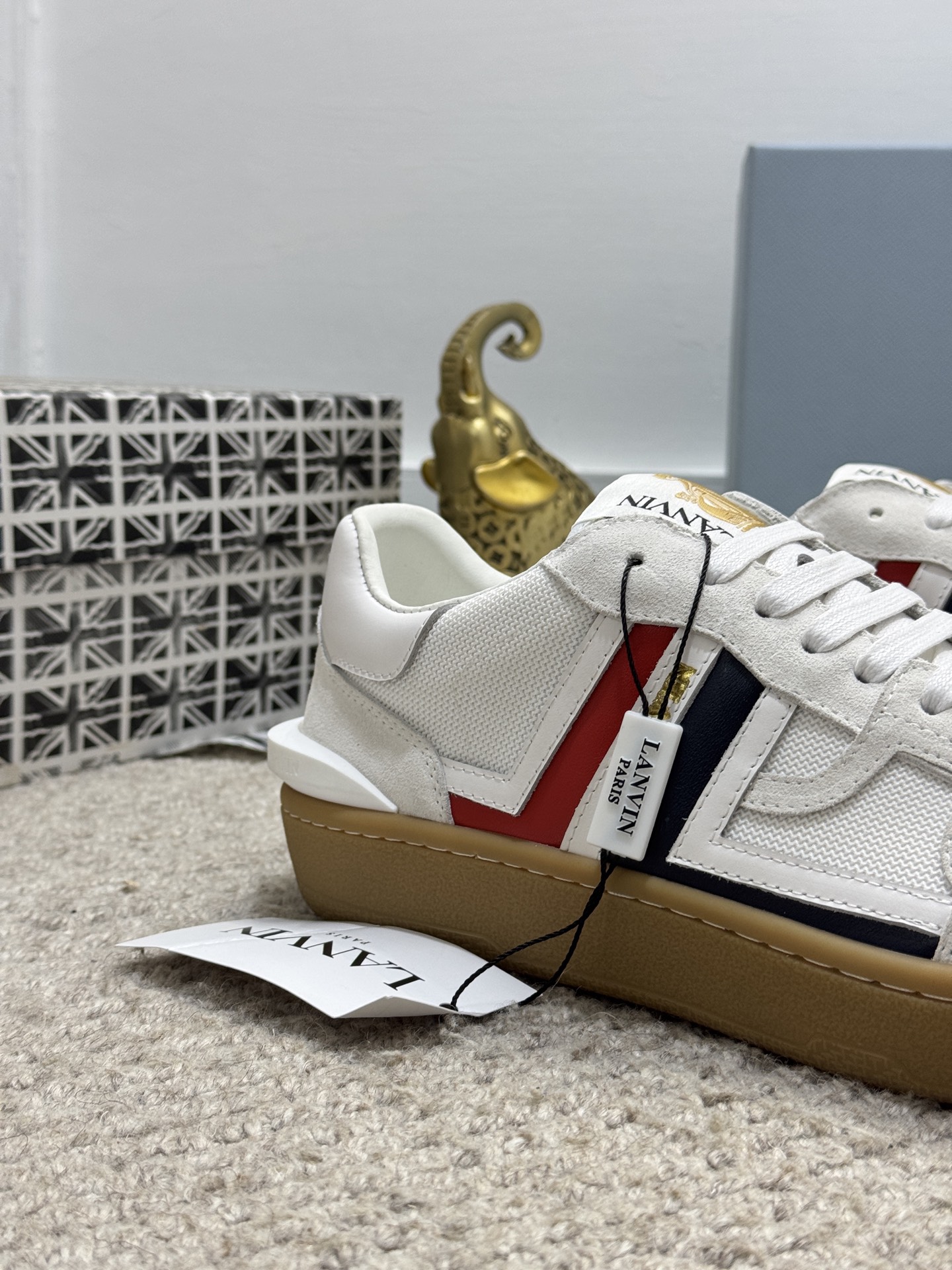 Lanvin Suede Mesh Low-Top Sneakers White/Red/Navy