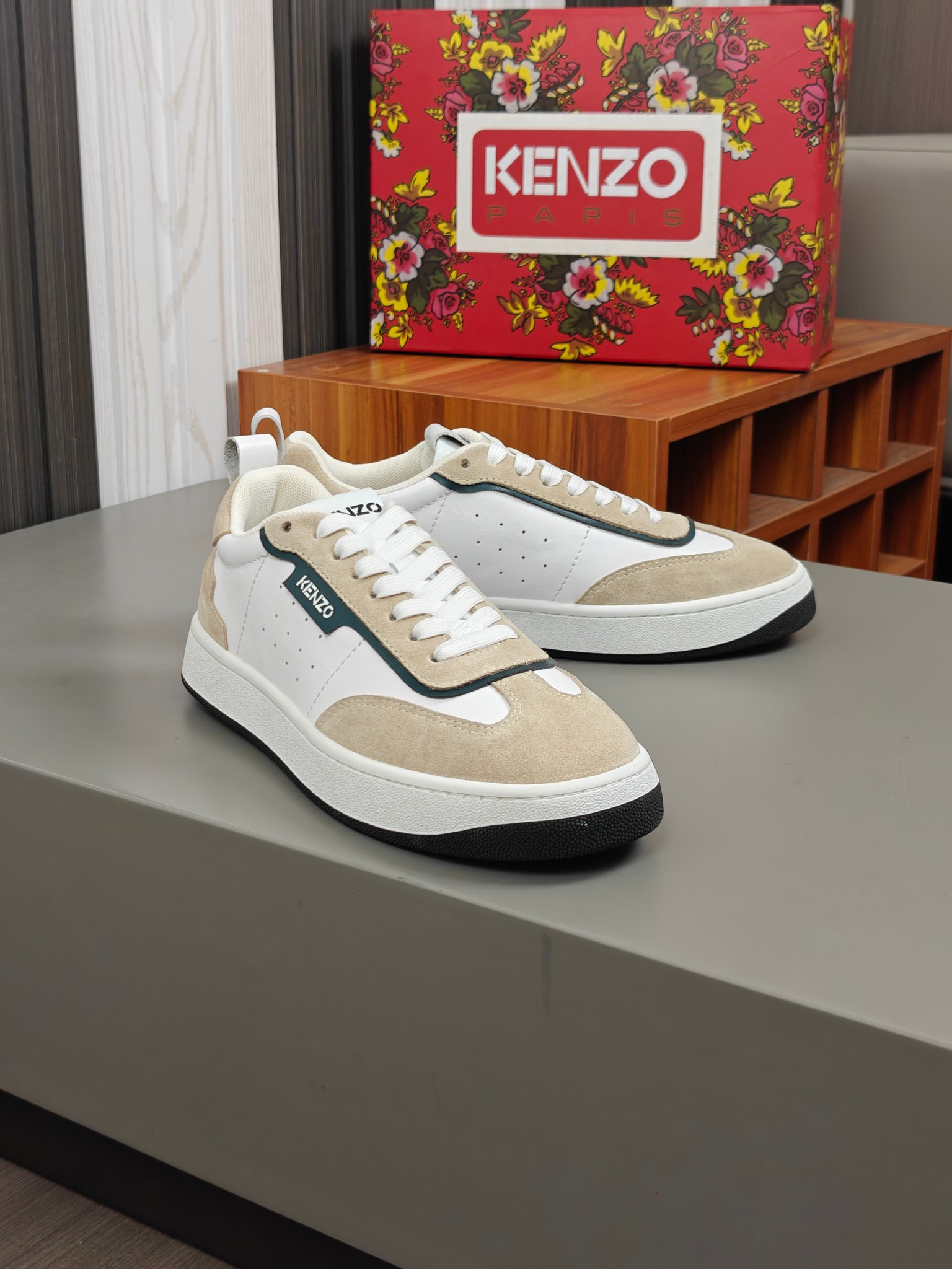 KENZO Calf Leather Low-Top Sneakers Beige