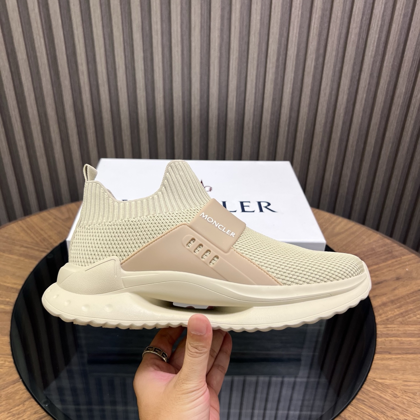Moncler Knit Slip-On Sneakers Beige
