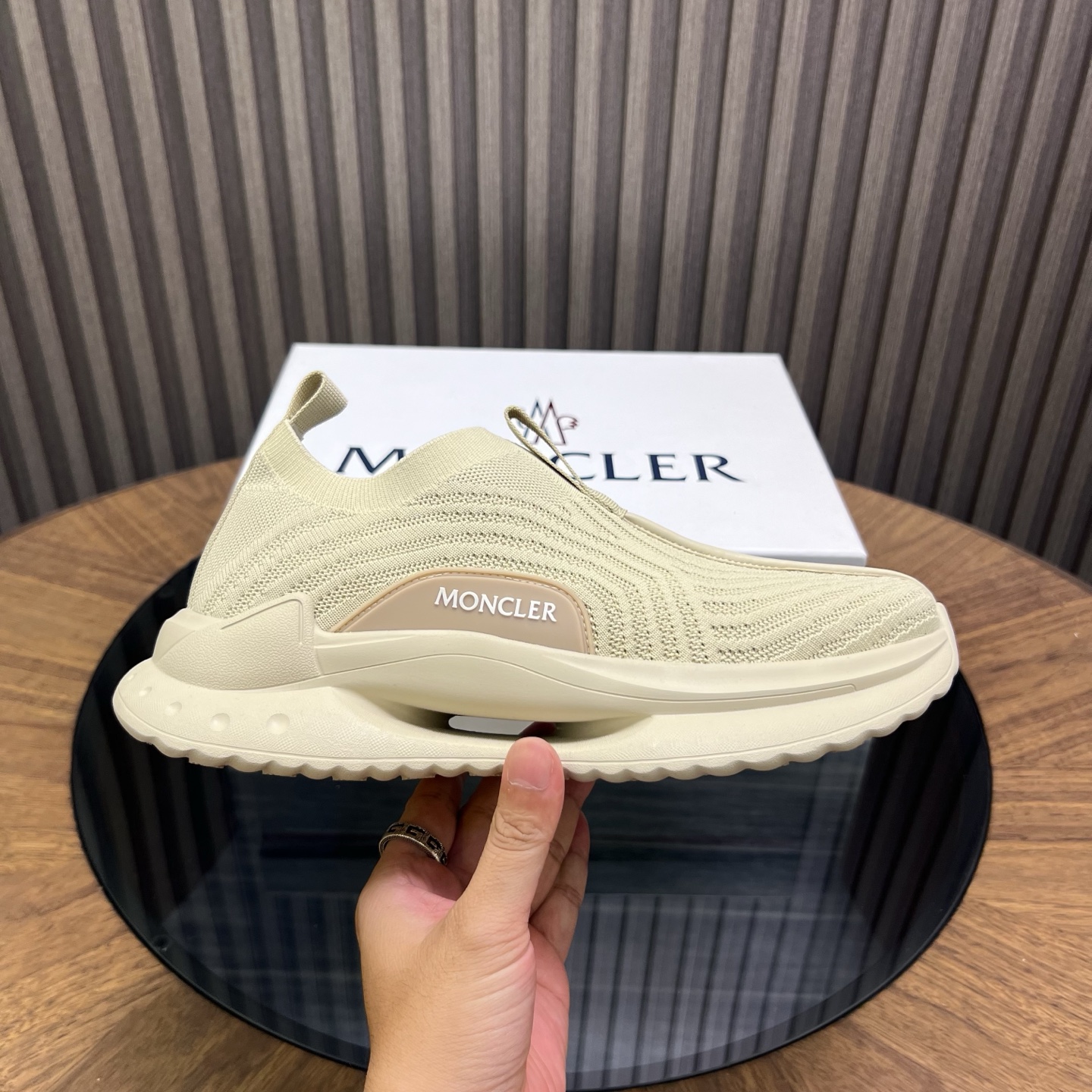 Moncler Knit Slip-On Sneakers Beige
