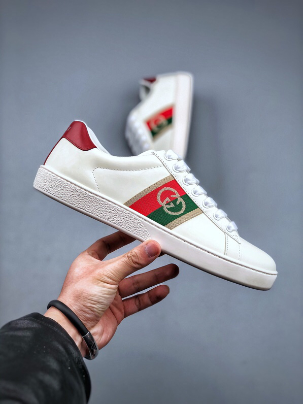 Gucci Ace Stripe Leather Sneakers Beige