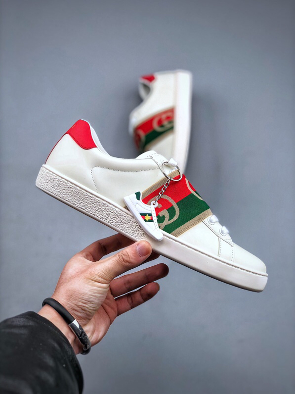 Gucci Ace Web Stripe Leather Sneakers Beige