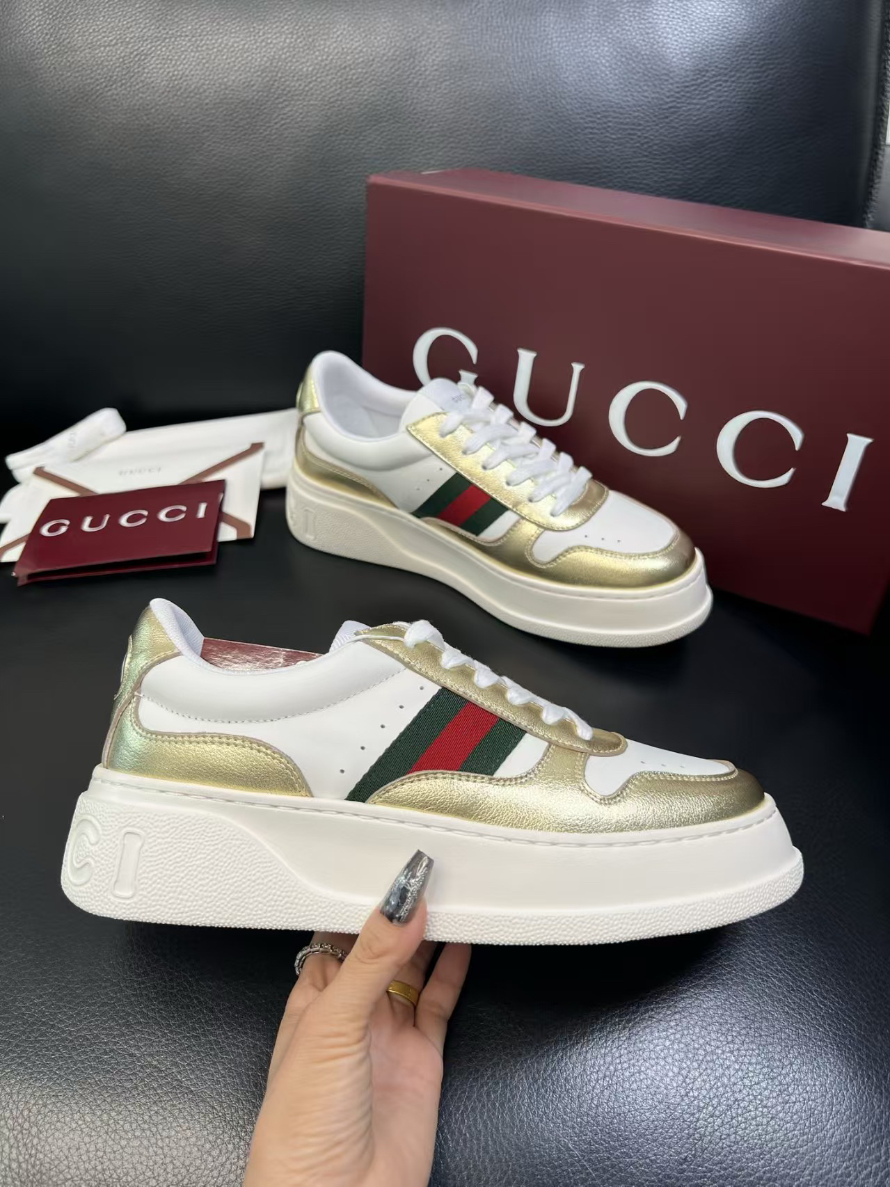 Gucci Web Stripe Platform Sneakers Gold