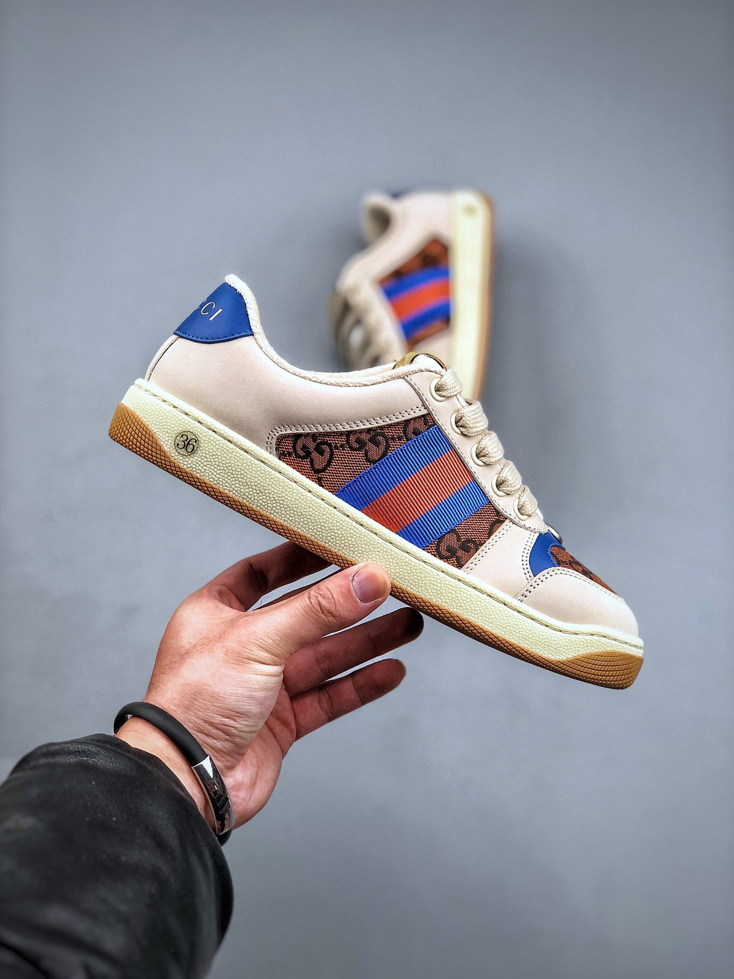 Gucci Screener Distressed Sneaker Beige/Blue/Red