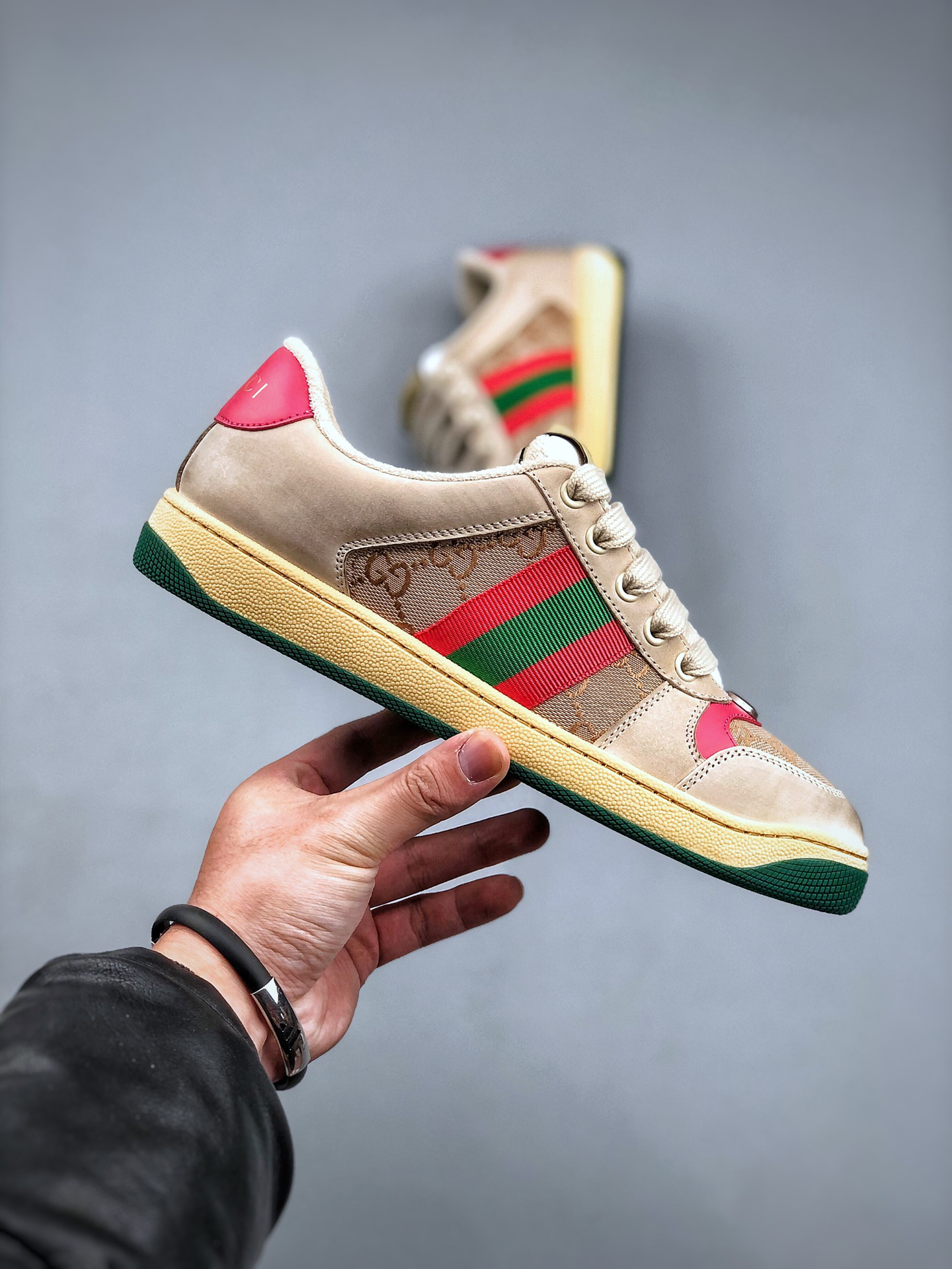Gucci Distressed Screener Sneakers Beige