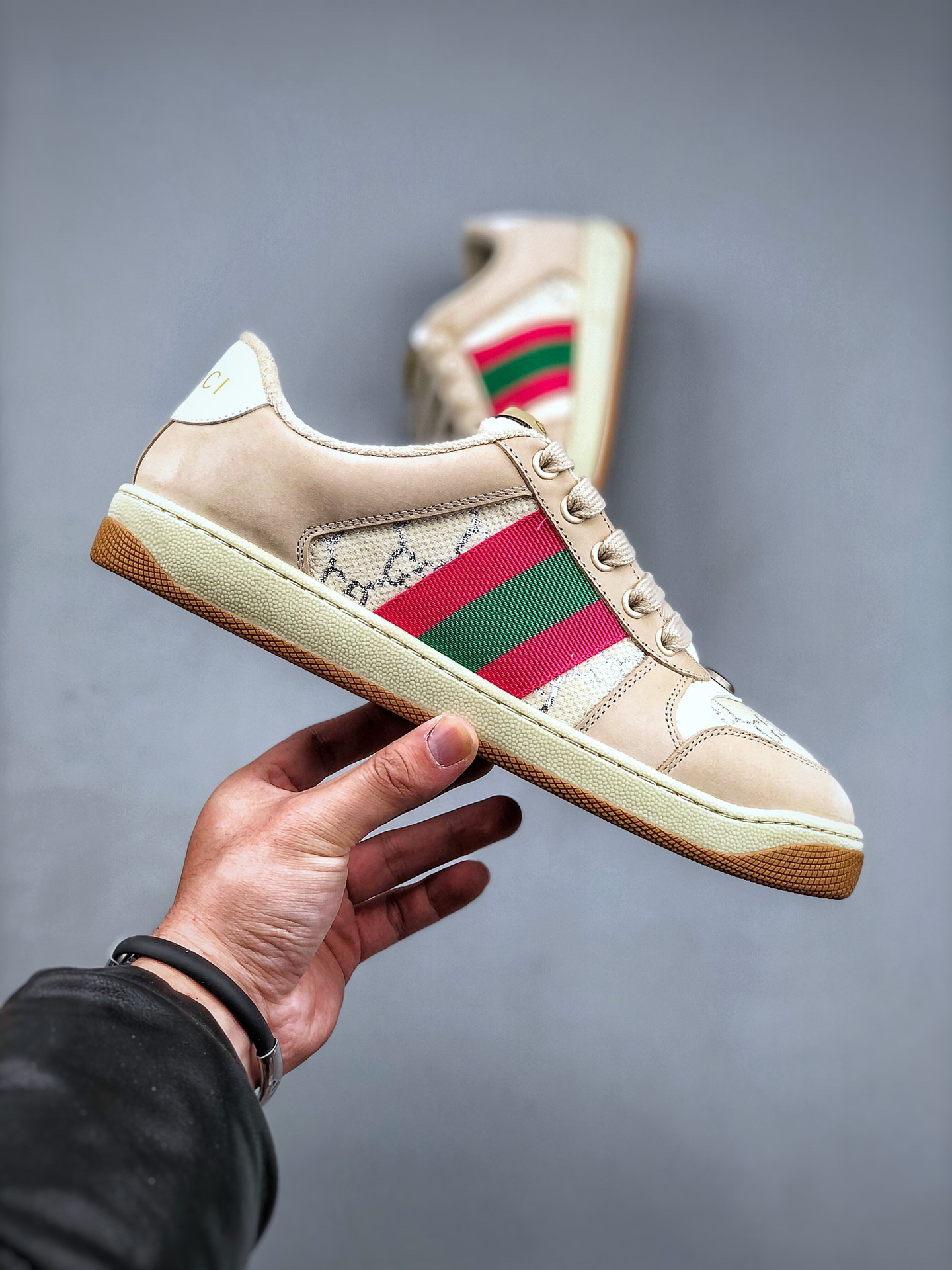 Gucci Distressed Screener Sneakers Beige