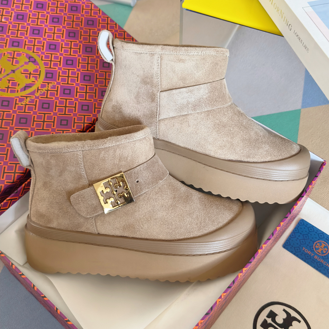 Tory Burch Mellow Shearling Platform Snow Boots Beige