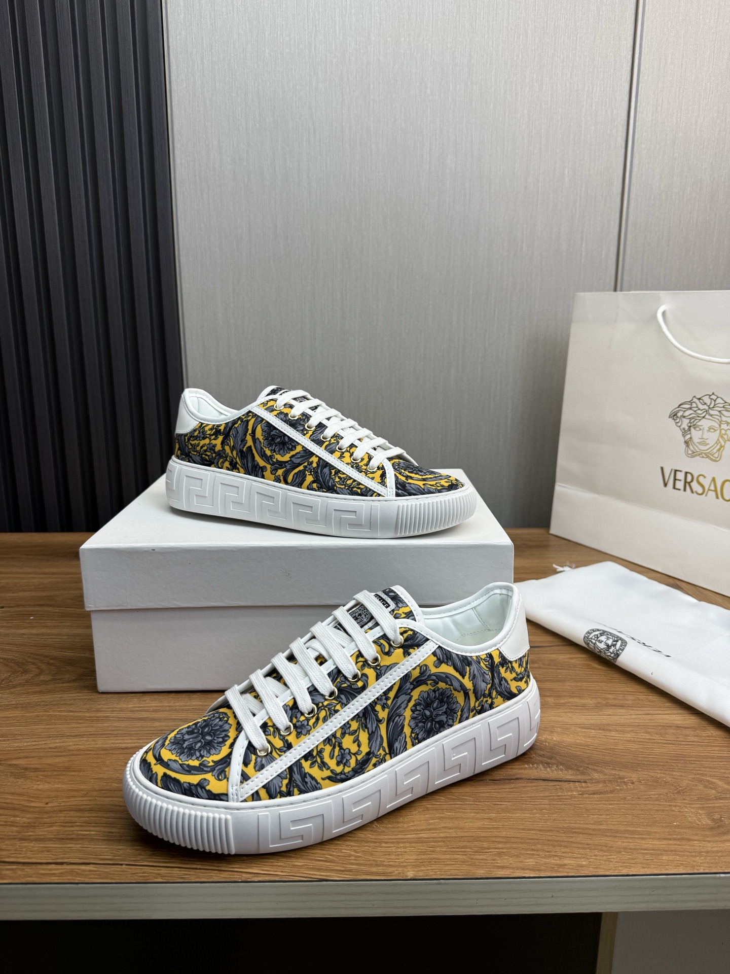 Versace Barocco Print Leather Sneakers Yellow