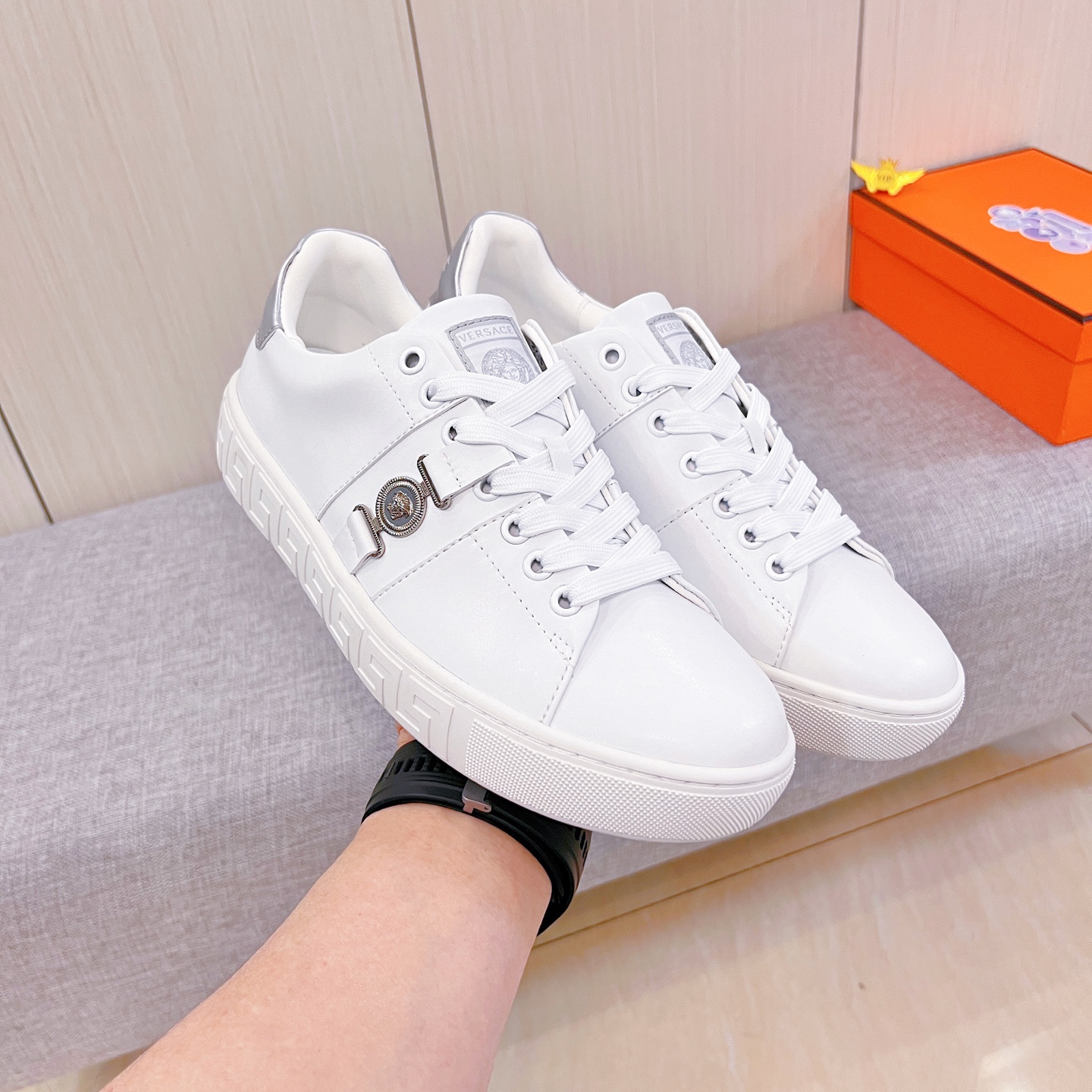 Versace Leather Low-Top Sneakers White/Silver