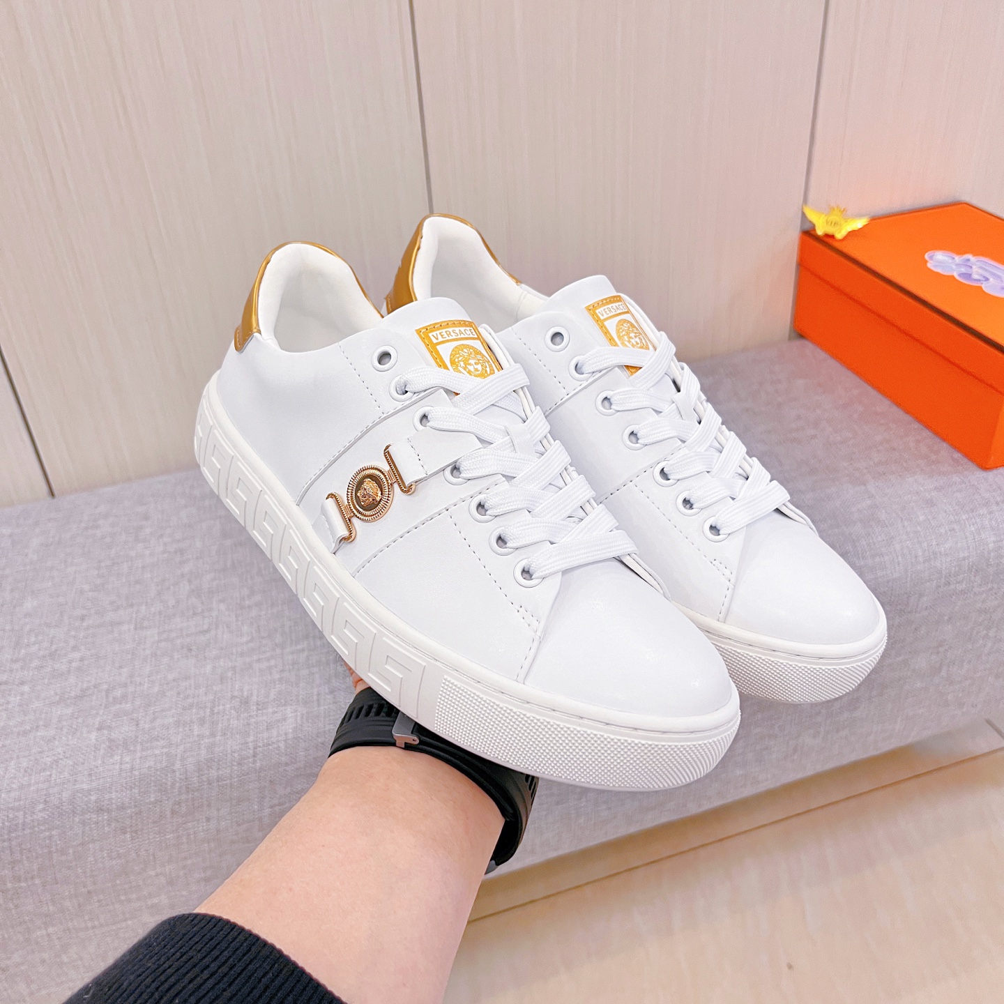 Versace Leather Low-Top Sneakers White/Gold