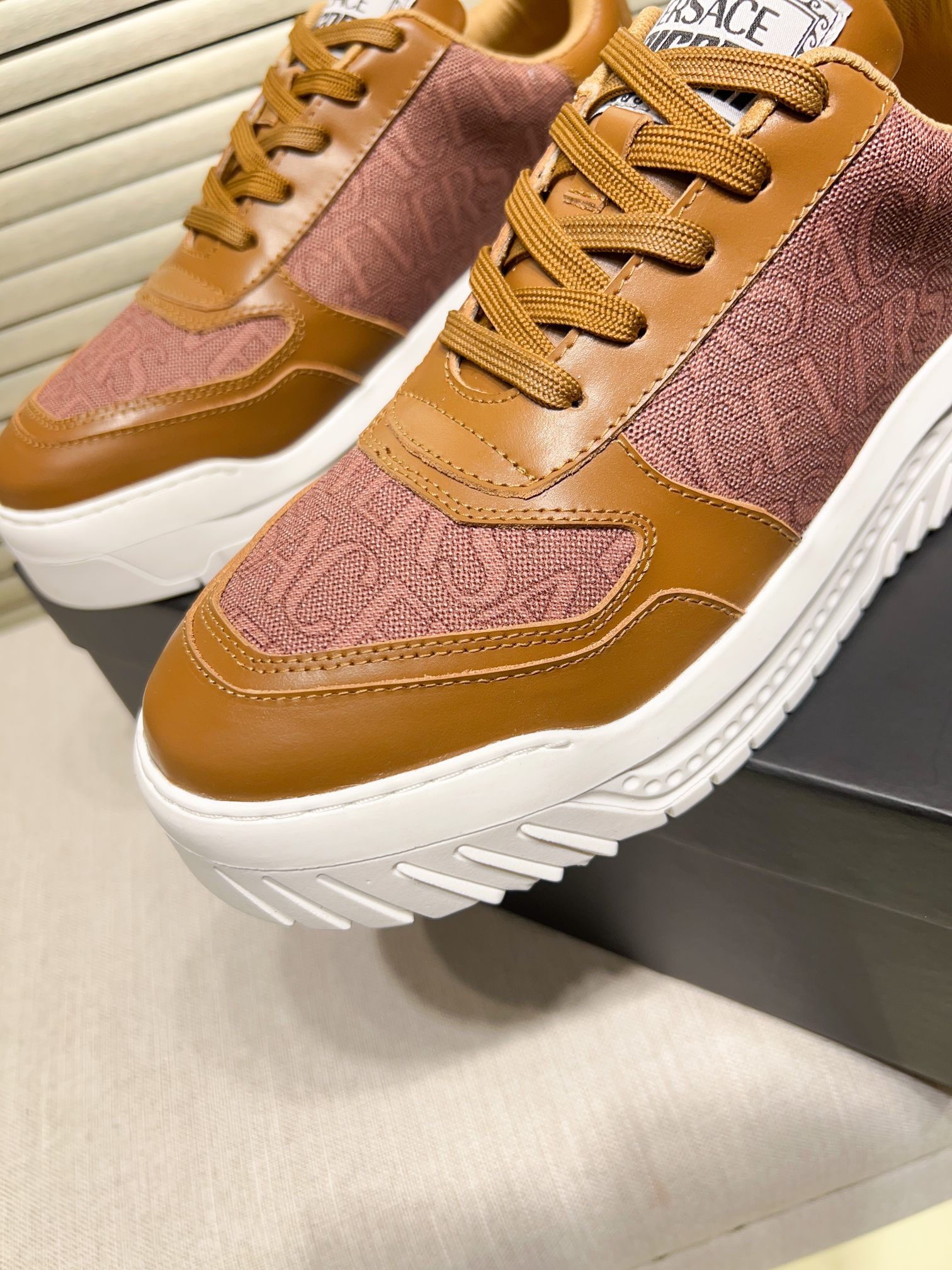 Versace Greca Knit Casual Sneakers Brown