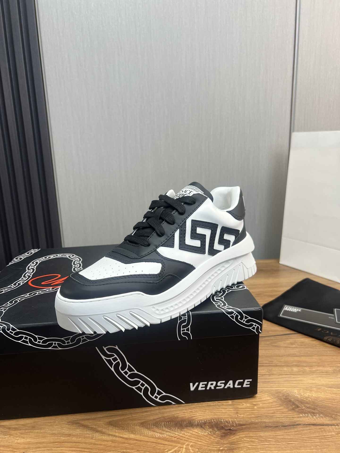 Versace Odissea Leather Low-Top Sneakers Black/White