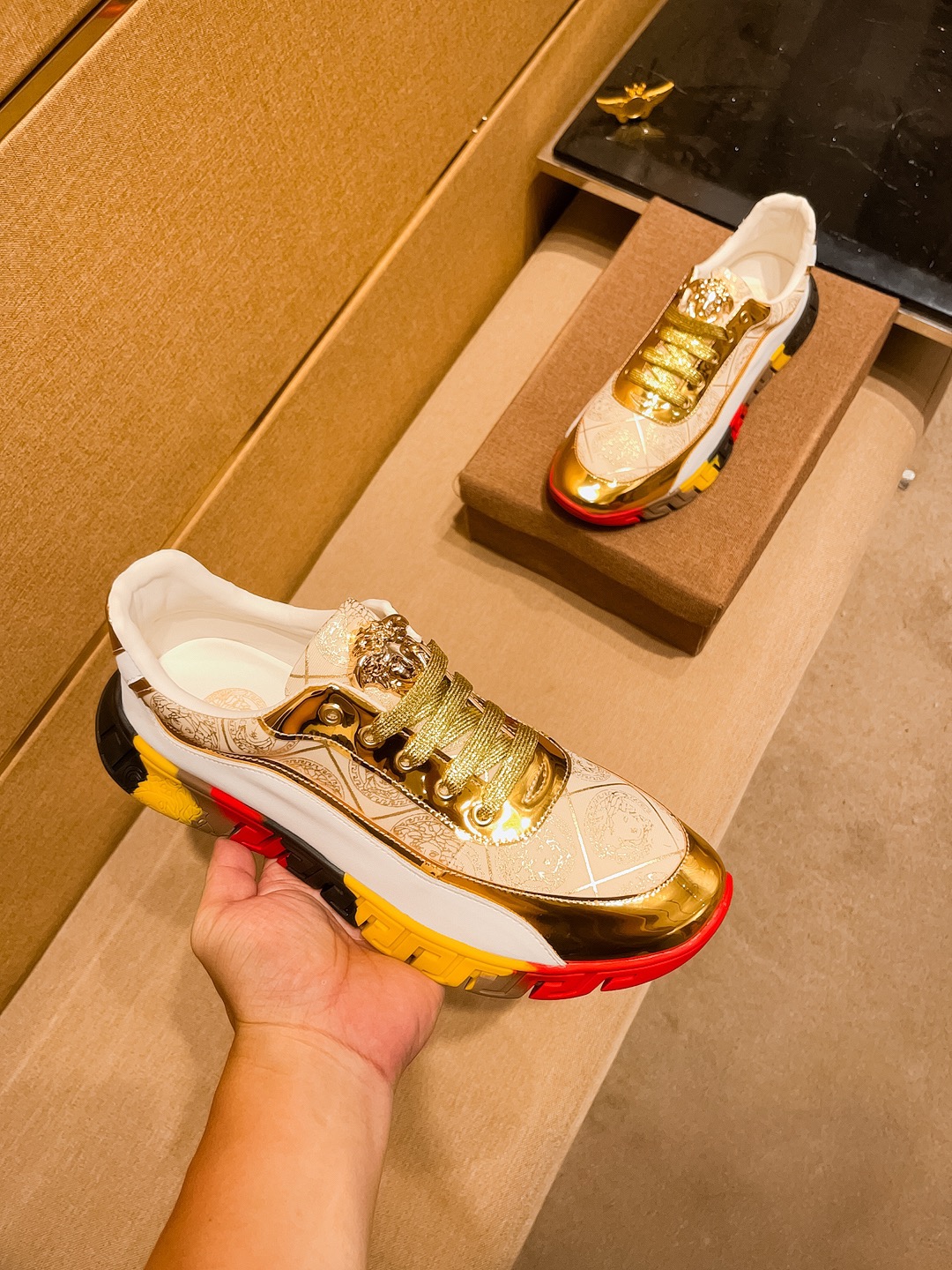 Versace Leather Runner Sneakers White Gold Multicolor