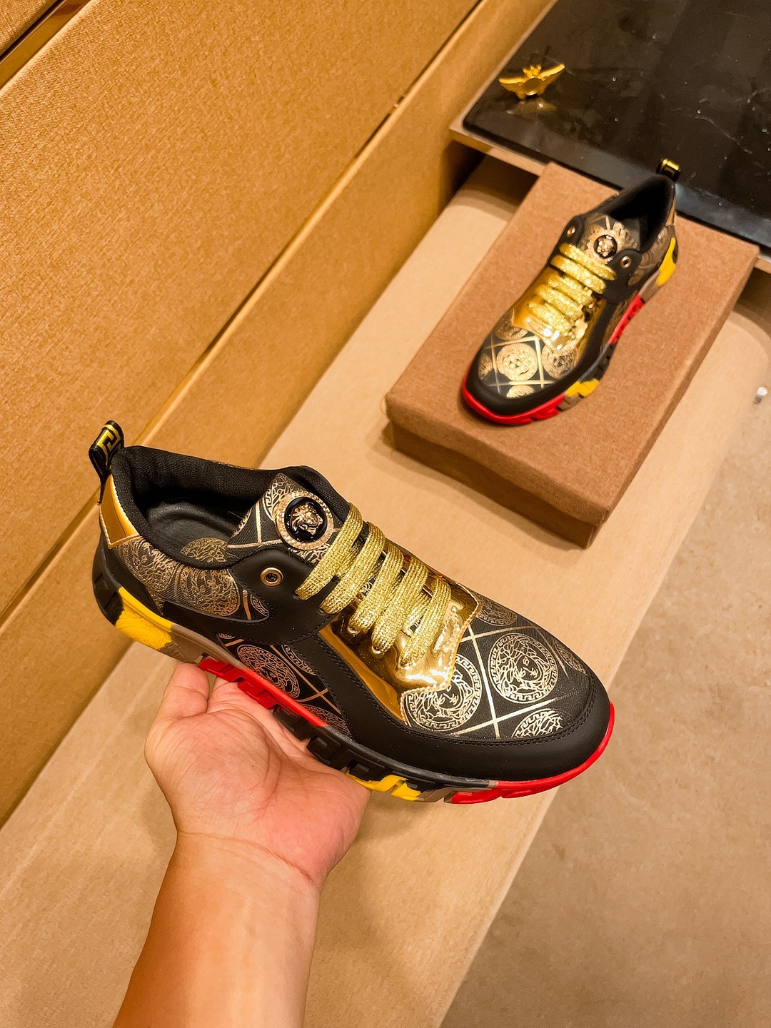 Versace Leather Low-Top Sneakers Black/Gold/Red