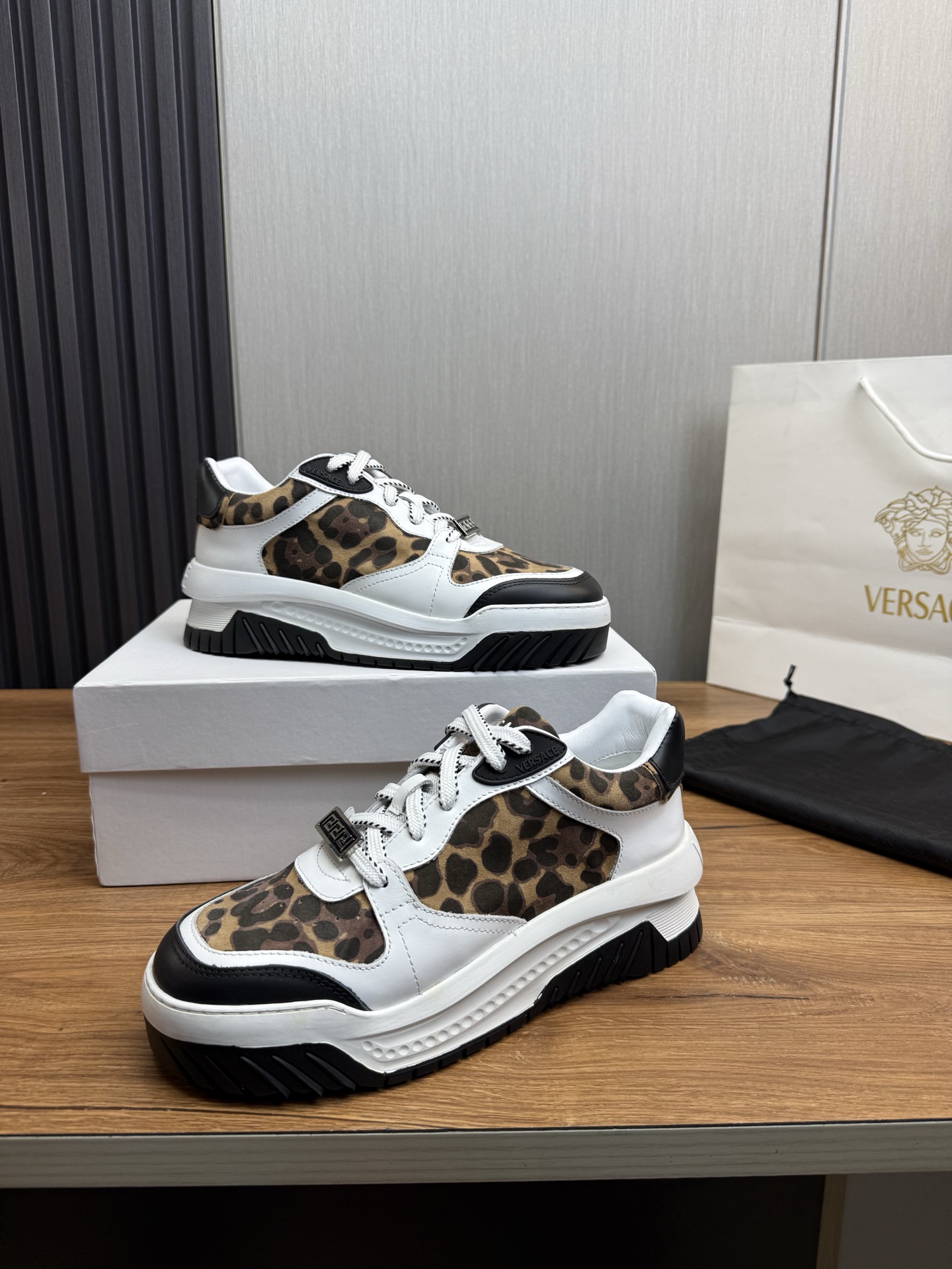 Versace Leather Casual Sneakers Leopard Brown