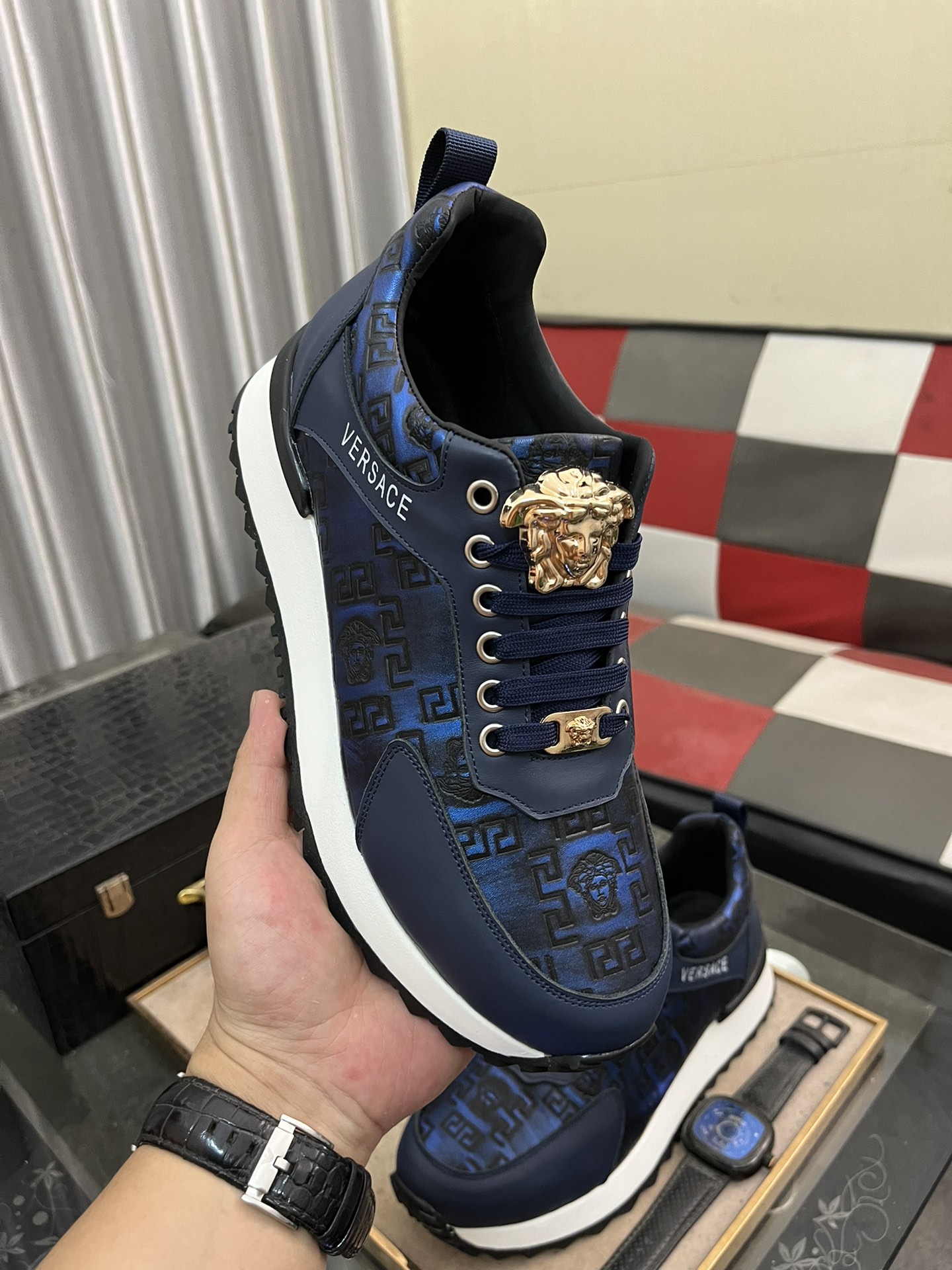 Versace Medusa Leather Sneakers Navy