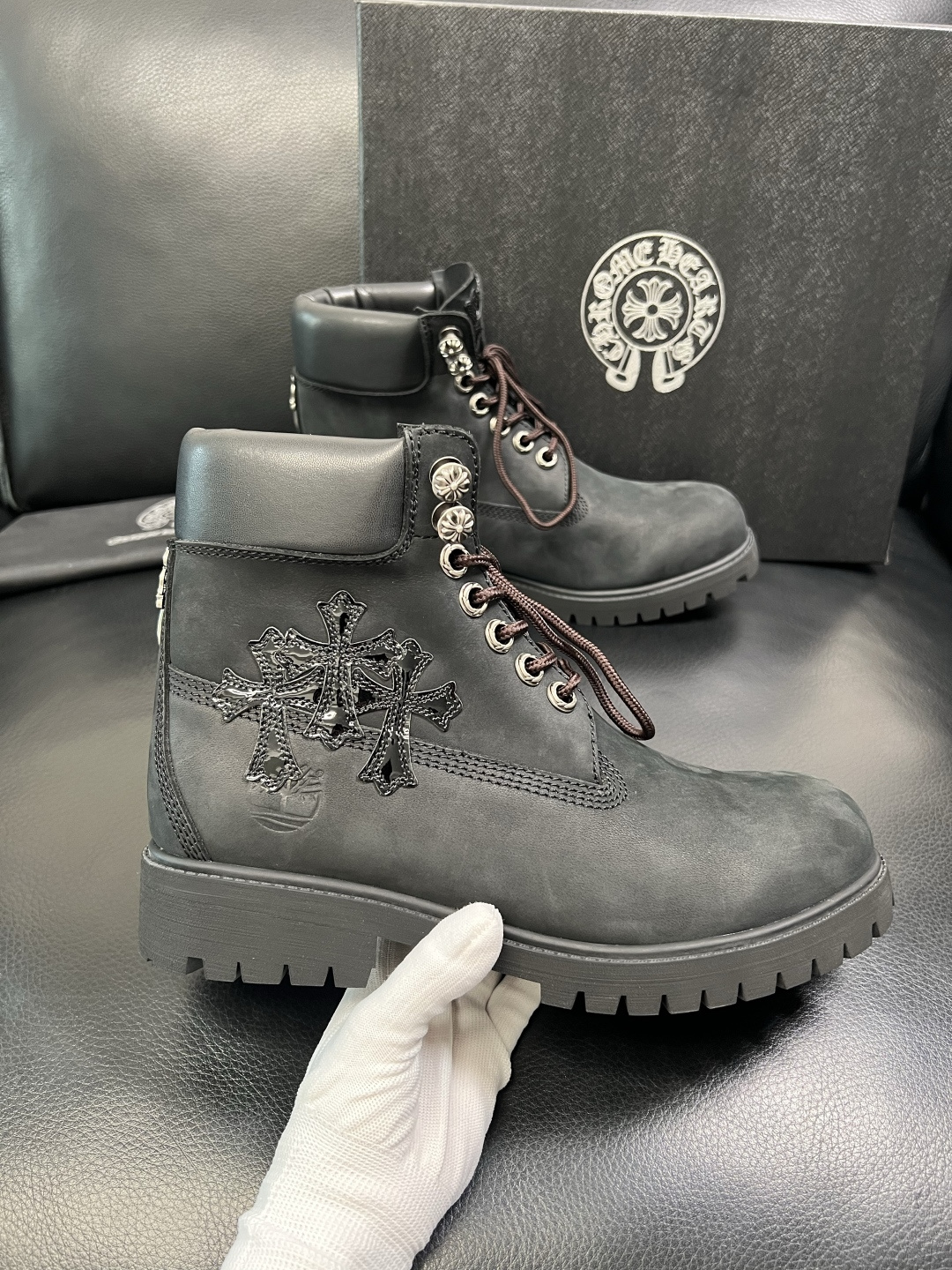 Chrome Heart Cross Patch Leather Boots Black