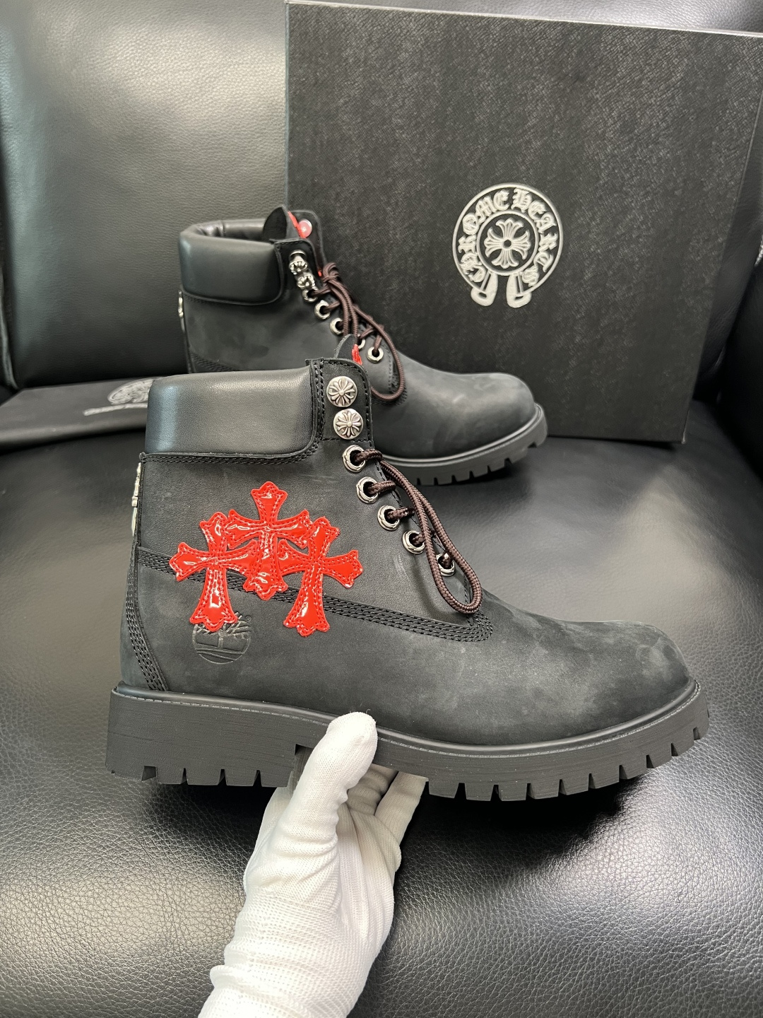 Chrome Heart Cross Patch Leather Boots Black/Red