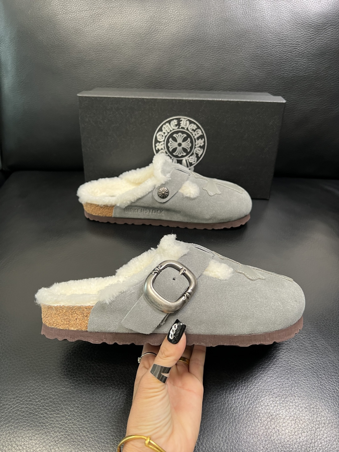 Chrome Heart Shearling-Lined Suede Clogs Gray