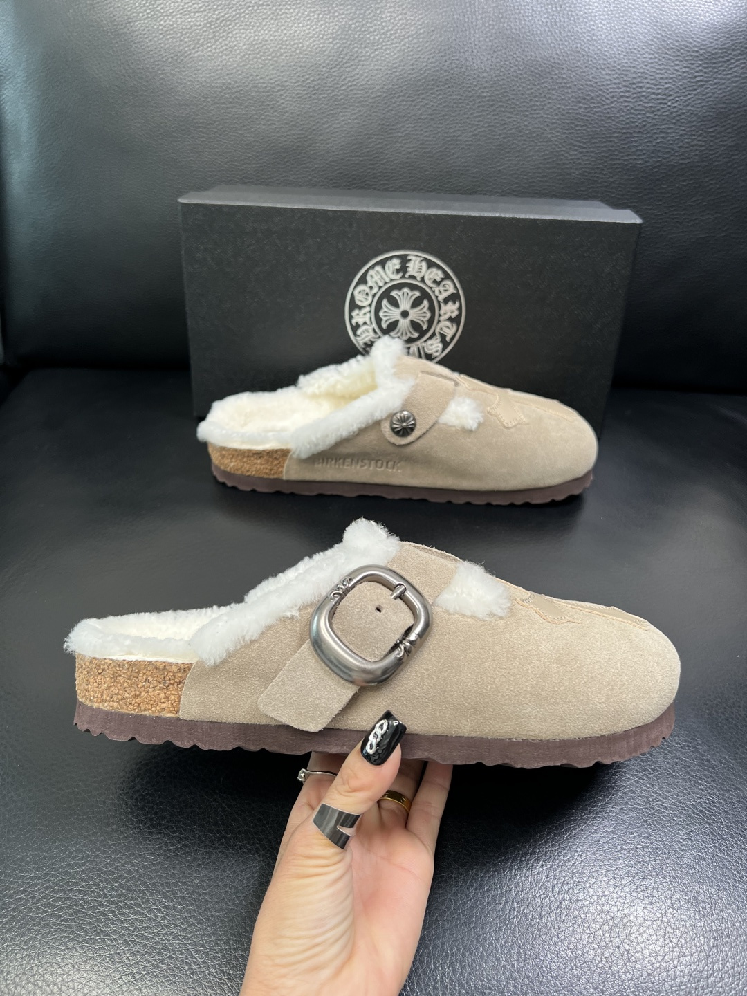 Chrome Heart Shearling Suede Clogs Beige