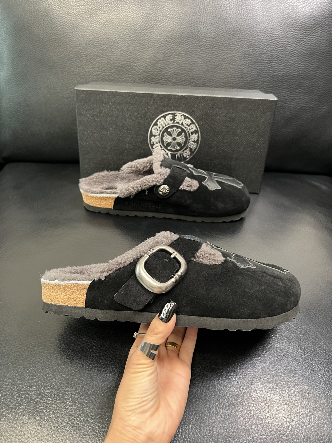 Chrome Heart Shearling Lined Suede Clogs Black