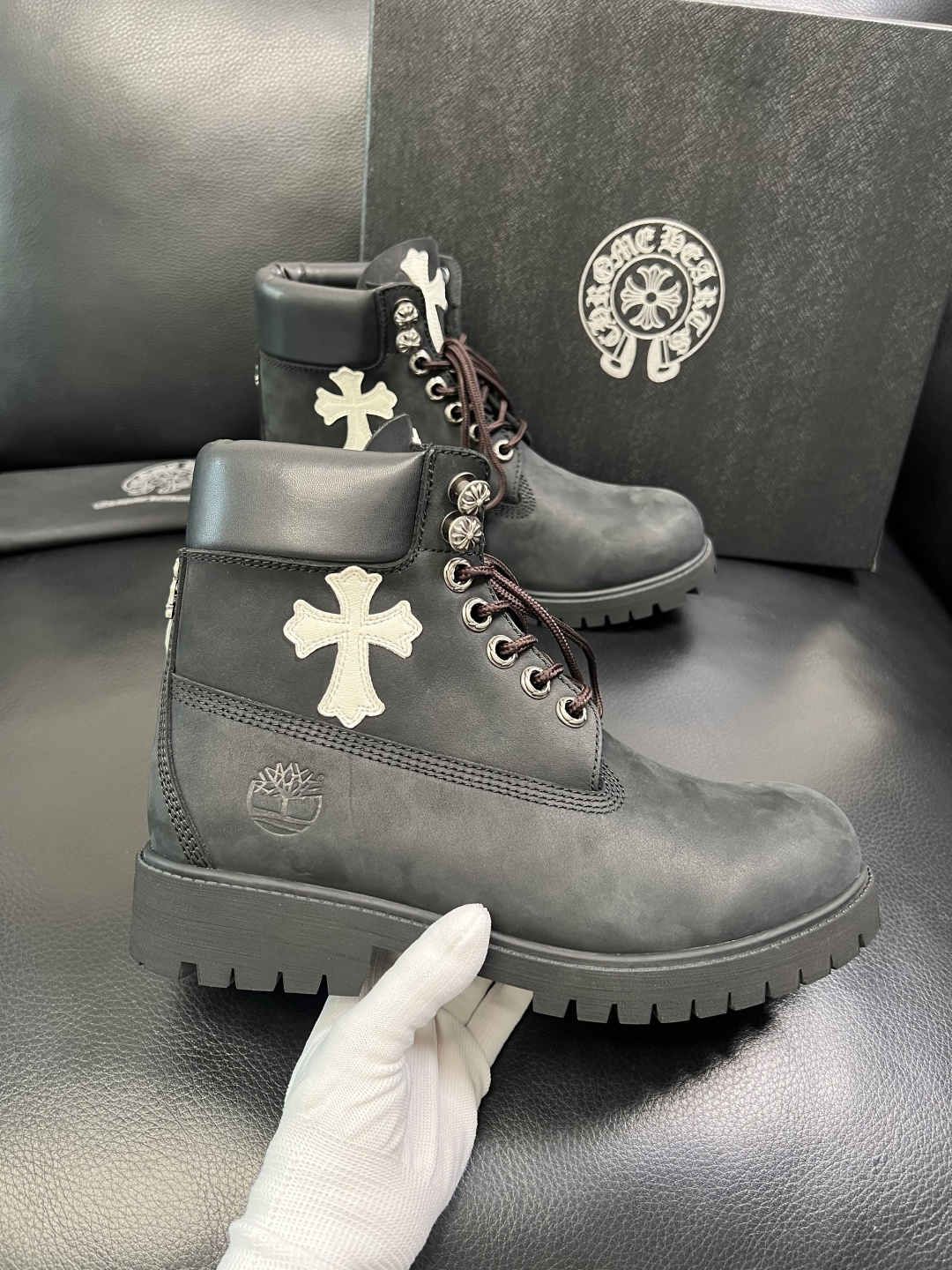 Chrome Heart Cross Leather Ankle Boots Black