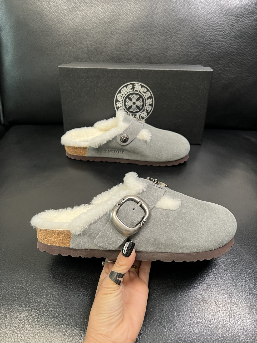 Chrome Heart Shearling Clogs Gray