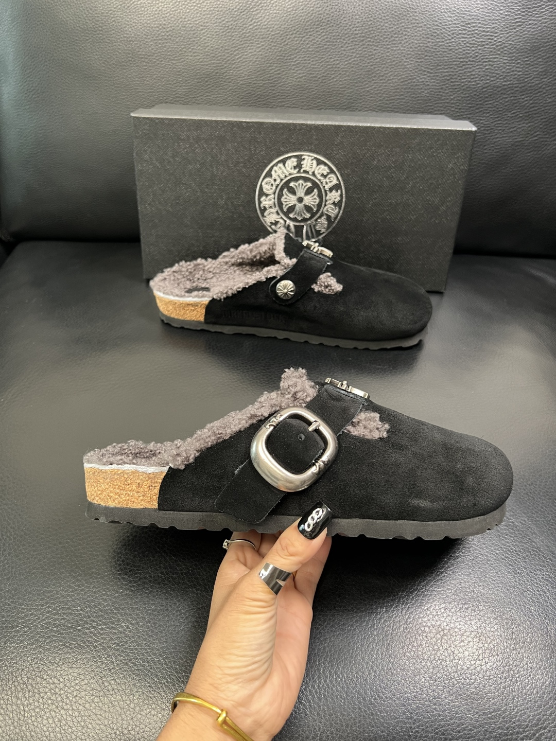 Chrome Heart Shearling Clogs Black