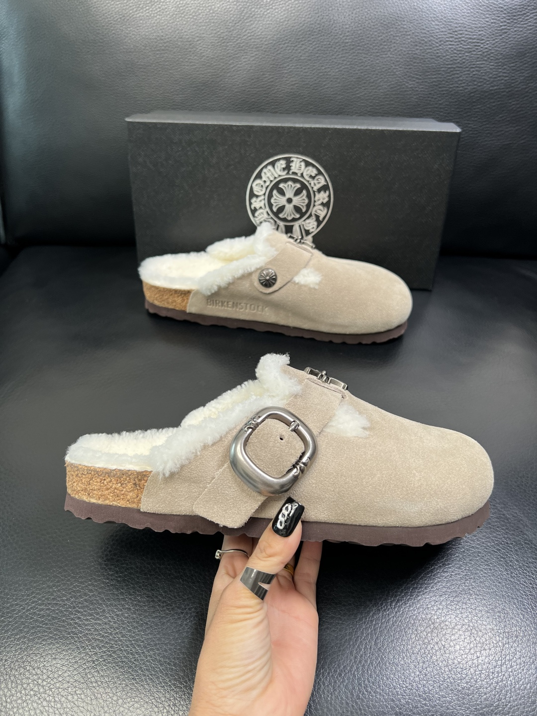 Chrome Heart Shearling-Lined Suede Clogs Beige