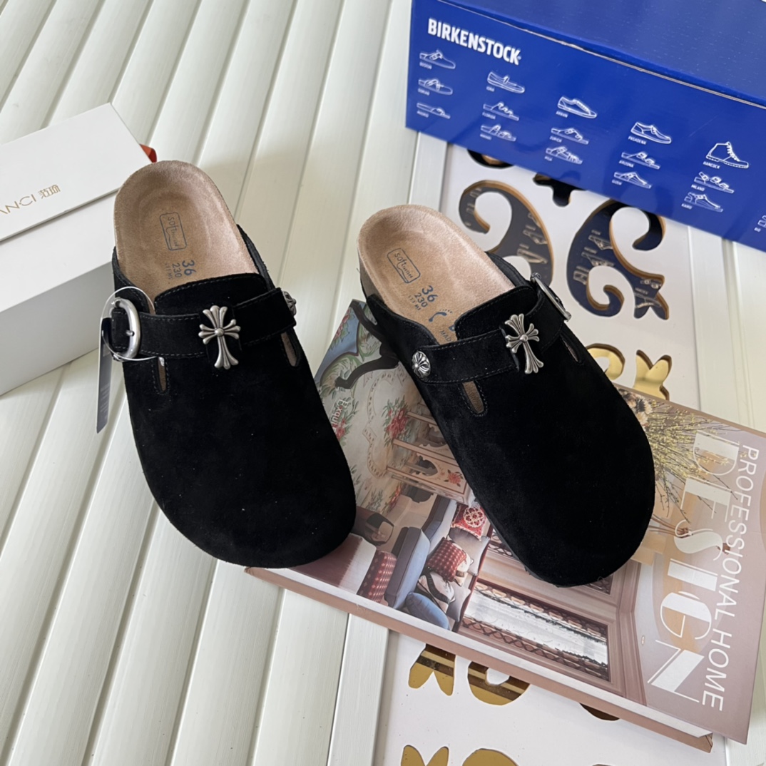 Birkenstock Suede Cross Buckle Clogs Black