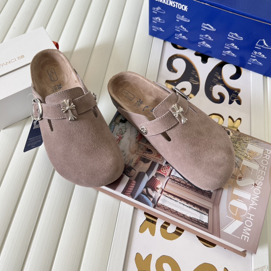Birkenstock Suede Cross Buckle Clogs Taupe