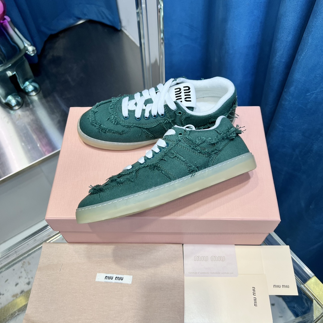 Miu Miu Frayed Canvas Sneakers Green