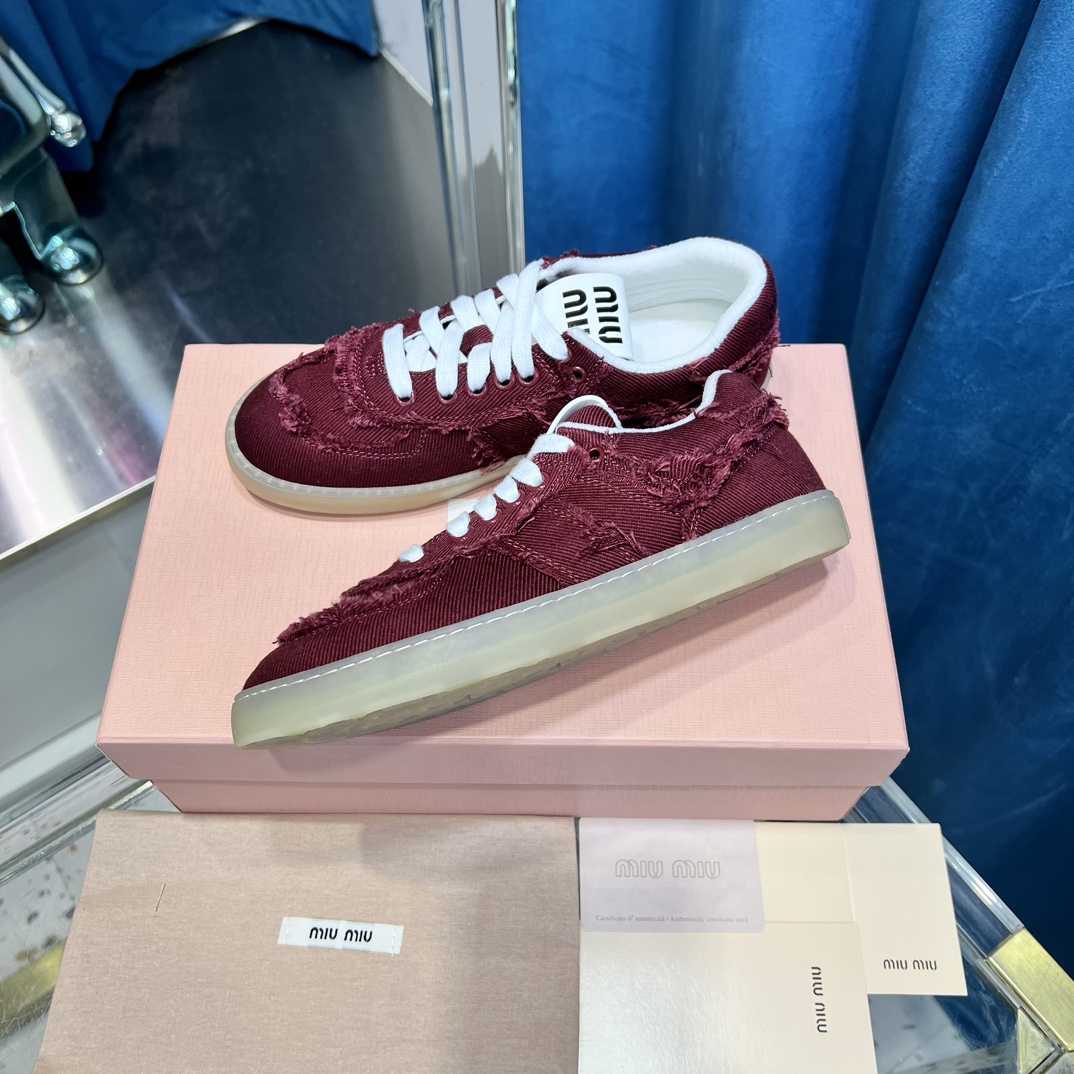 Miu Miu Frayed Canvas Sneaker Burgundy