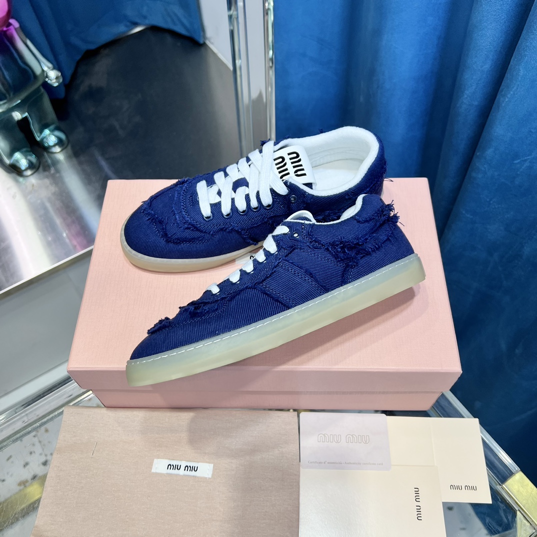 Miu Miu Distressed Canvas Sneakers Navy