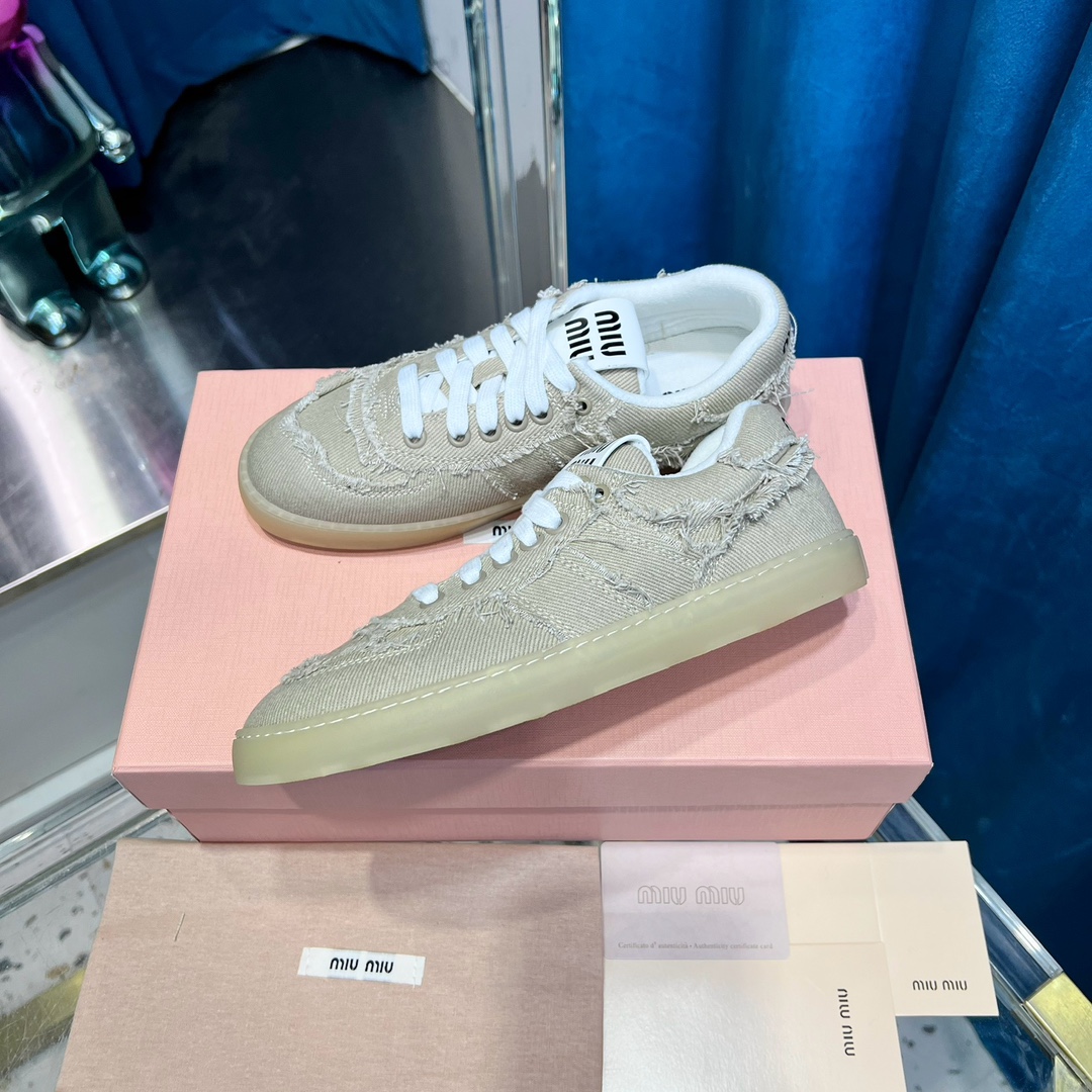 Miu Miu Distressed Fringe Canvas Sneakers Beige