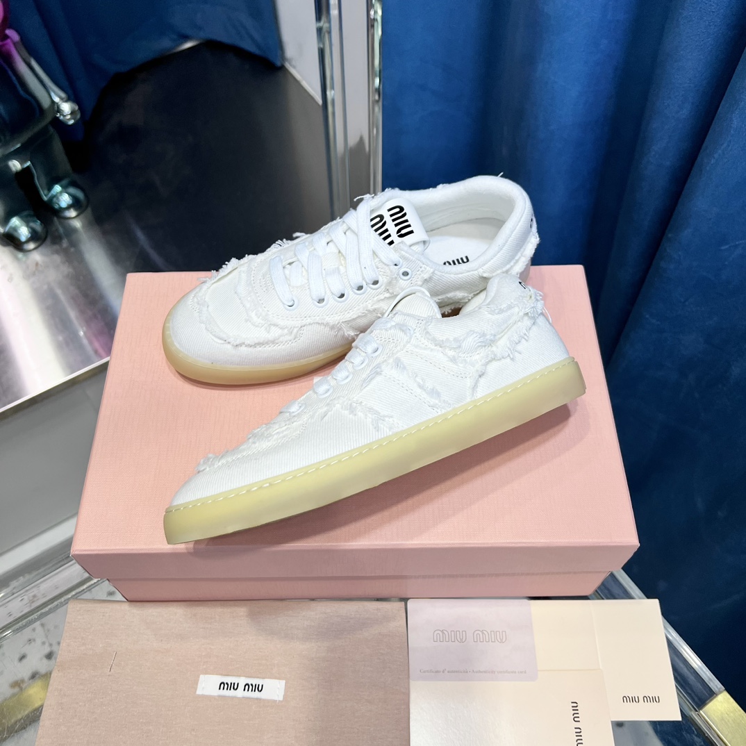 Miu Miu Frayed Canvas Sneakers White