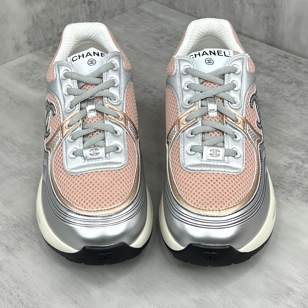Chanel Mesh Leather Sneakers Silver Pink