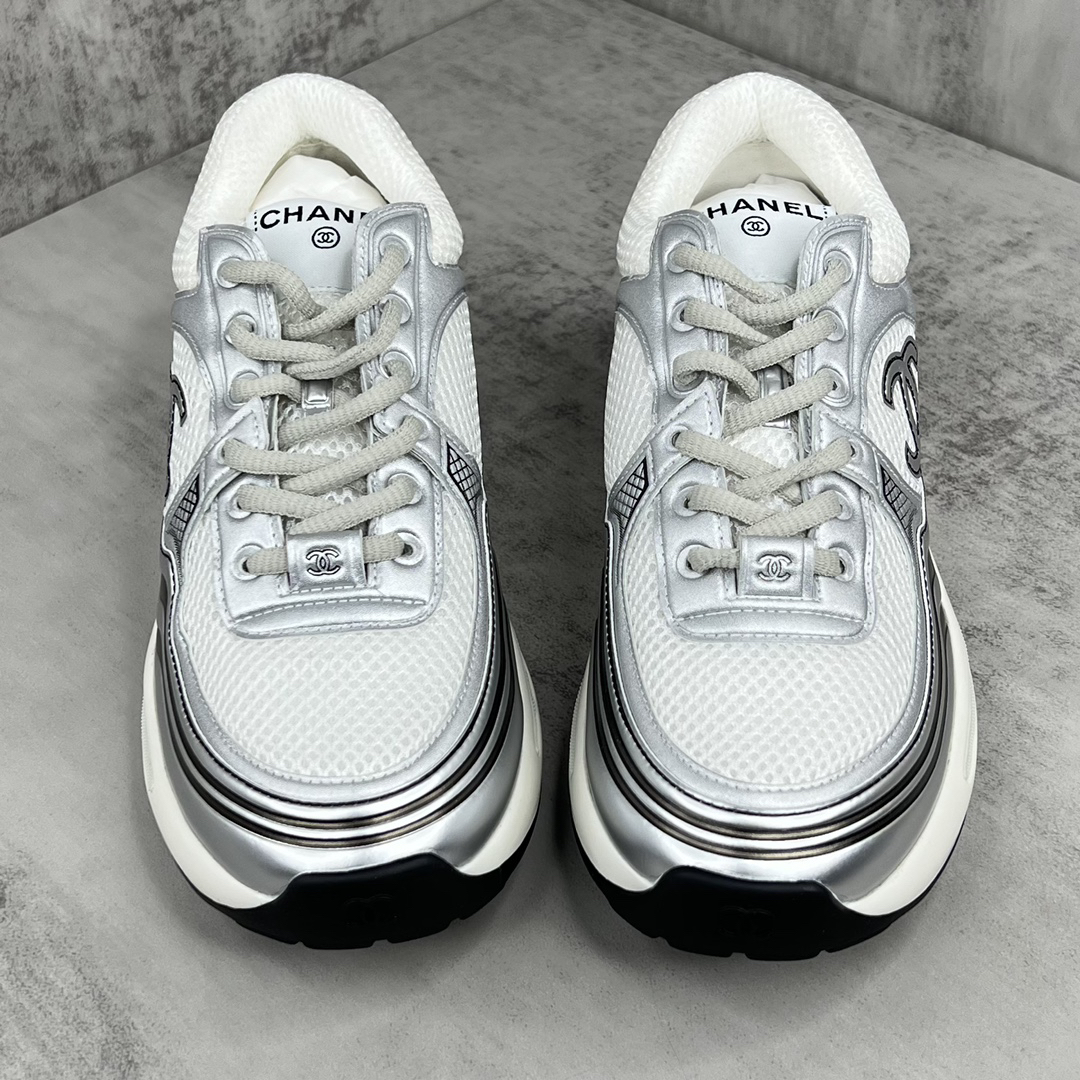 Chanel Mesh Leather Sneakers Silver