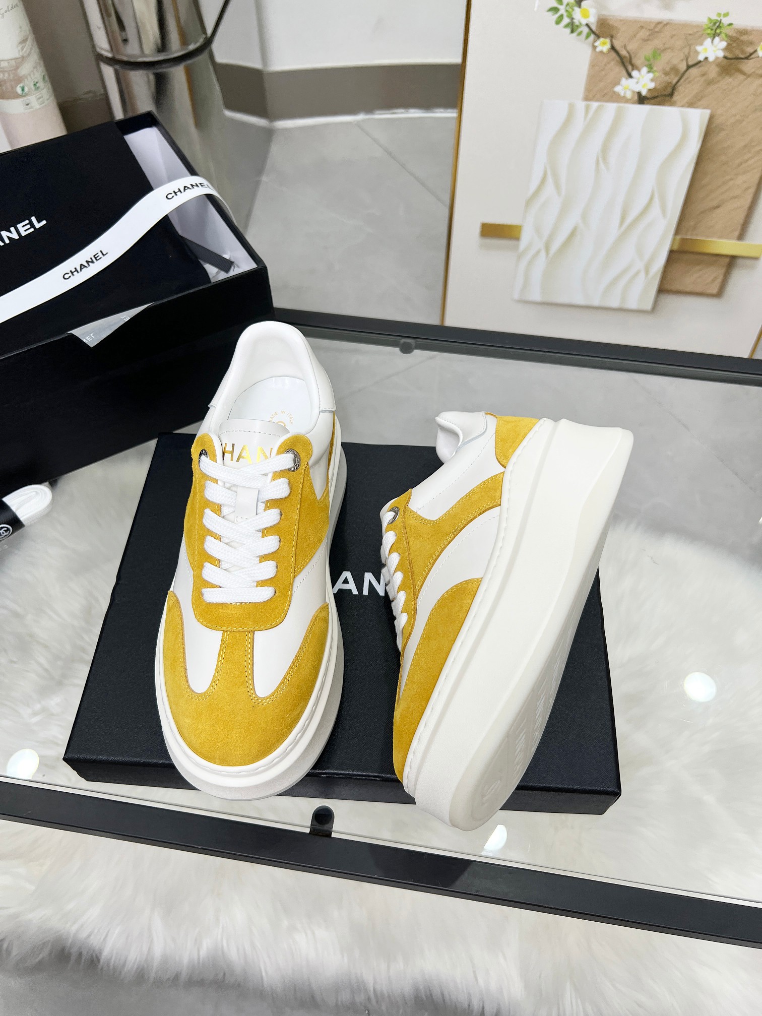 Chanel 25C Platform Sneakers White/Yellow