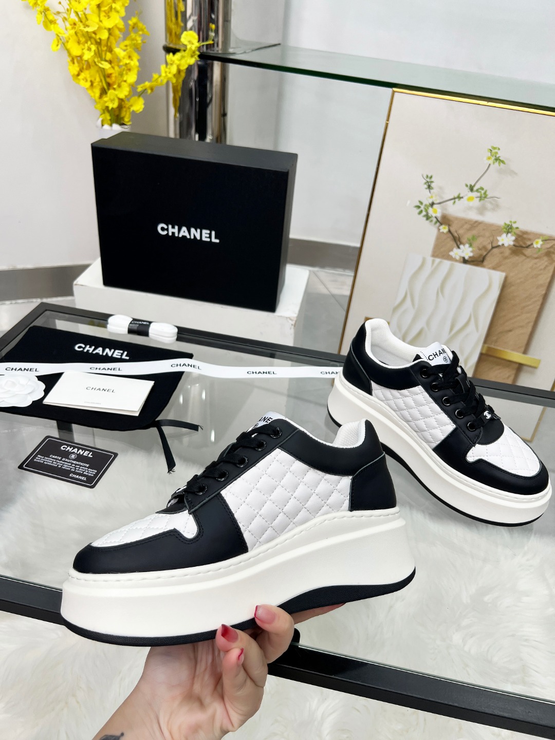 Chanel 25C Quilted Platform Sneakers Black/White