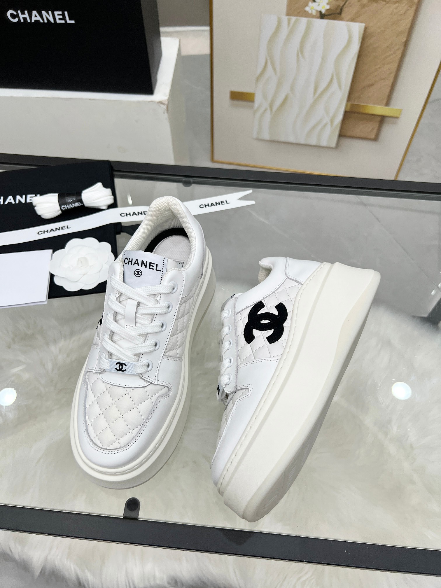 Chanel 25C Quilted Platform Sneakers White/Black
