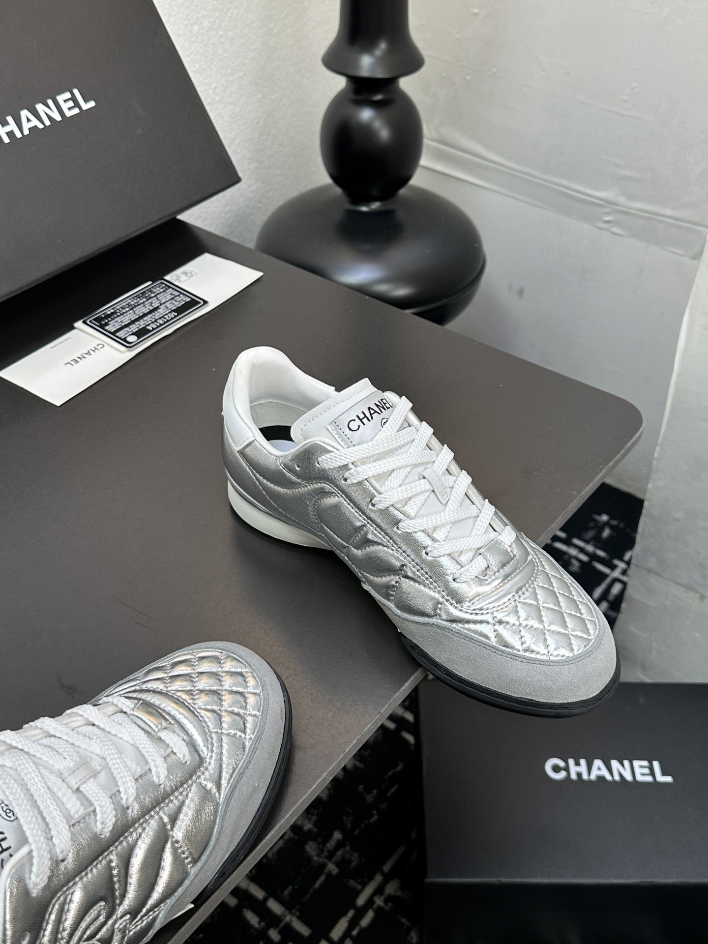 Chanel Quilted Leather Sneakers Silver