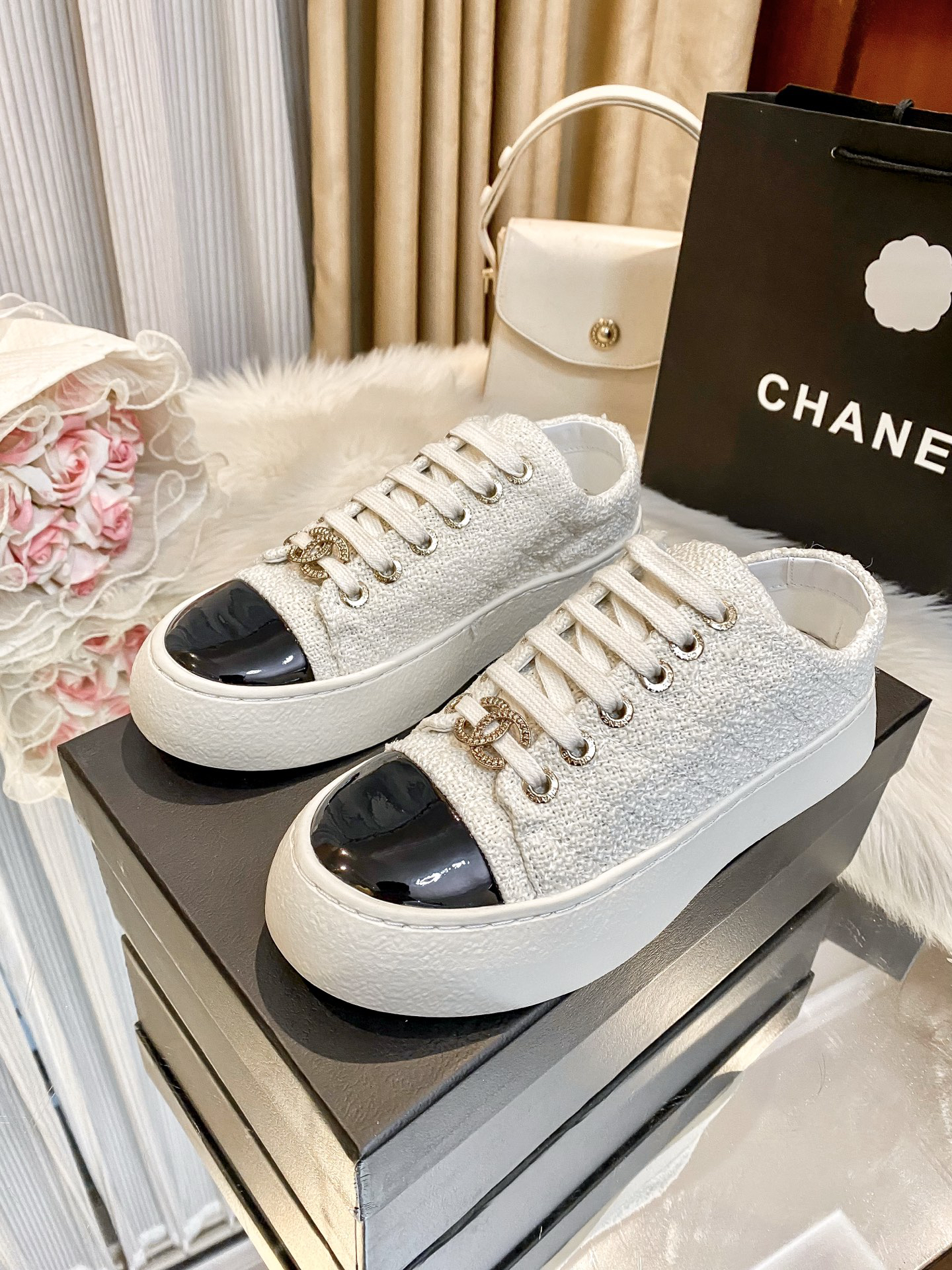 Chanel Tweed Platform Sneakers Black