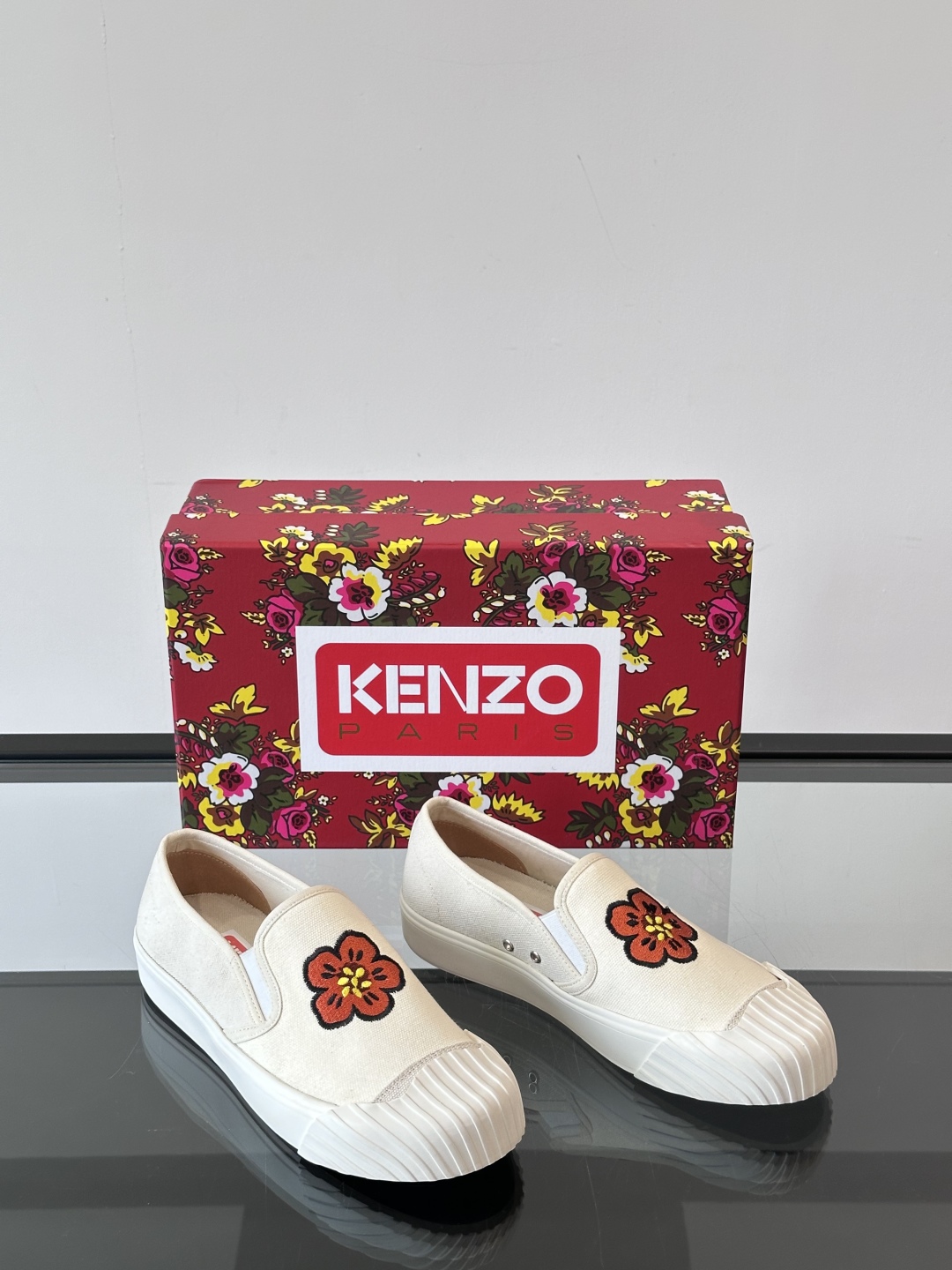 Kenzo Floral Canvas Slip-Ons Off-White