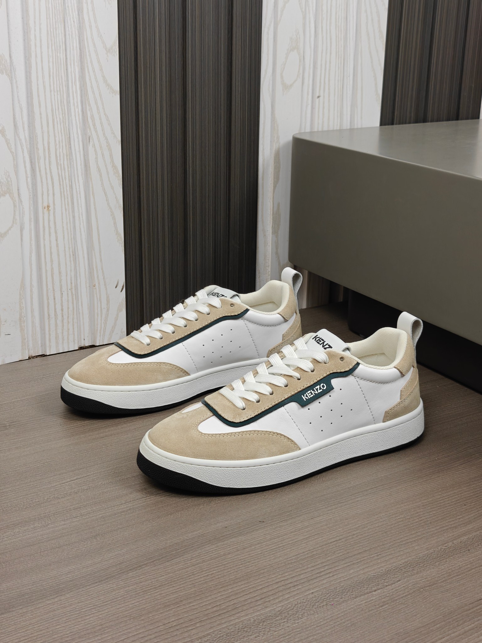 KENZO Calf Leather Low-Top Sneakers Beige