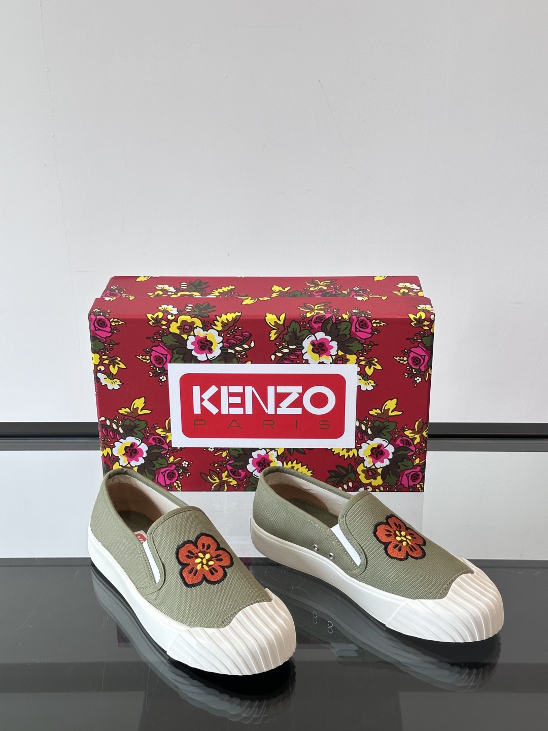 Kenzo Floral Slip-On Canvas Sneakers Olive