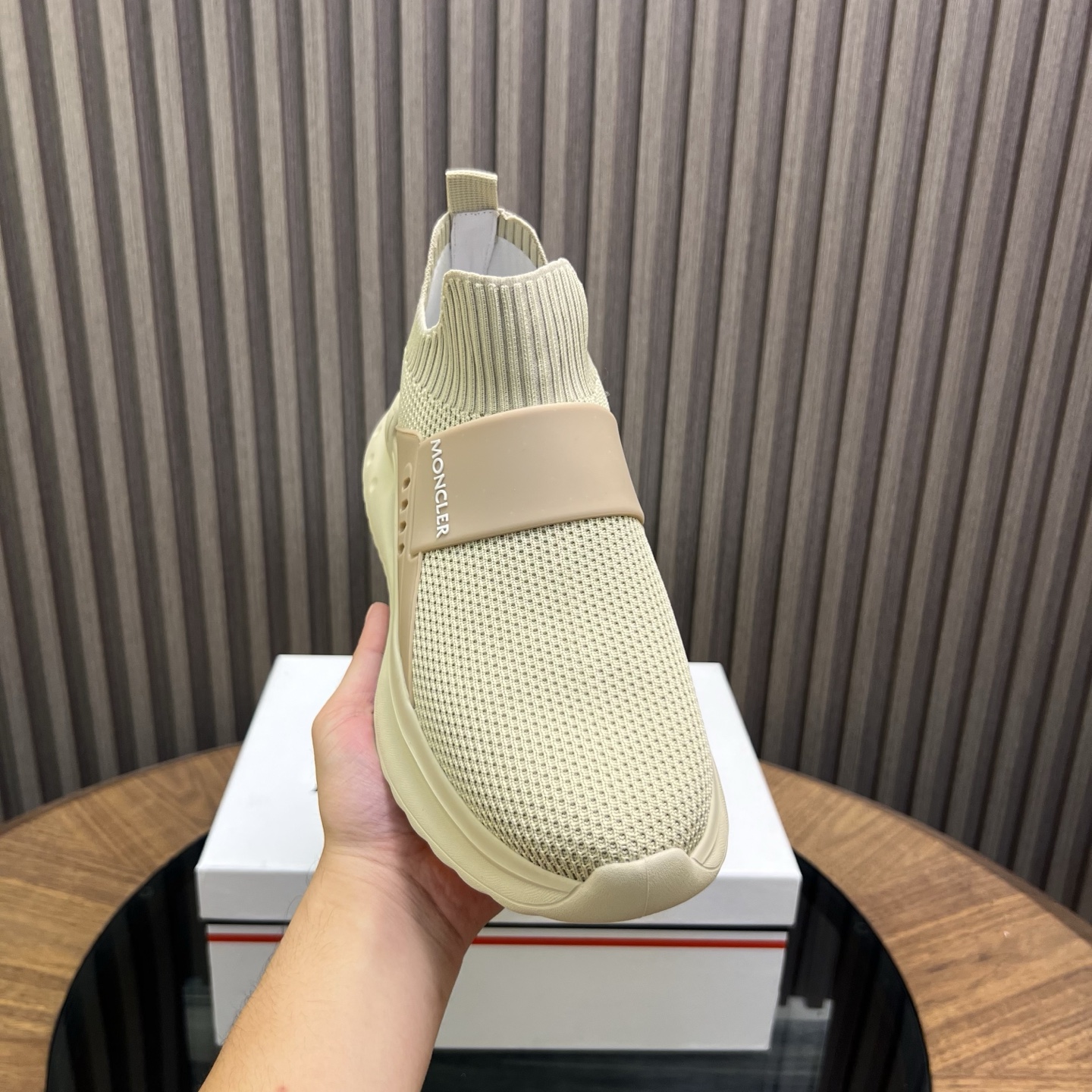 Moncler Knit Slip-On Sneakers Beige