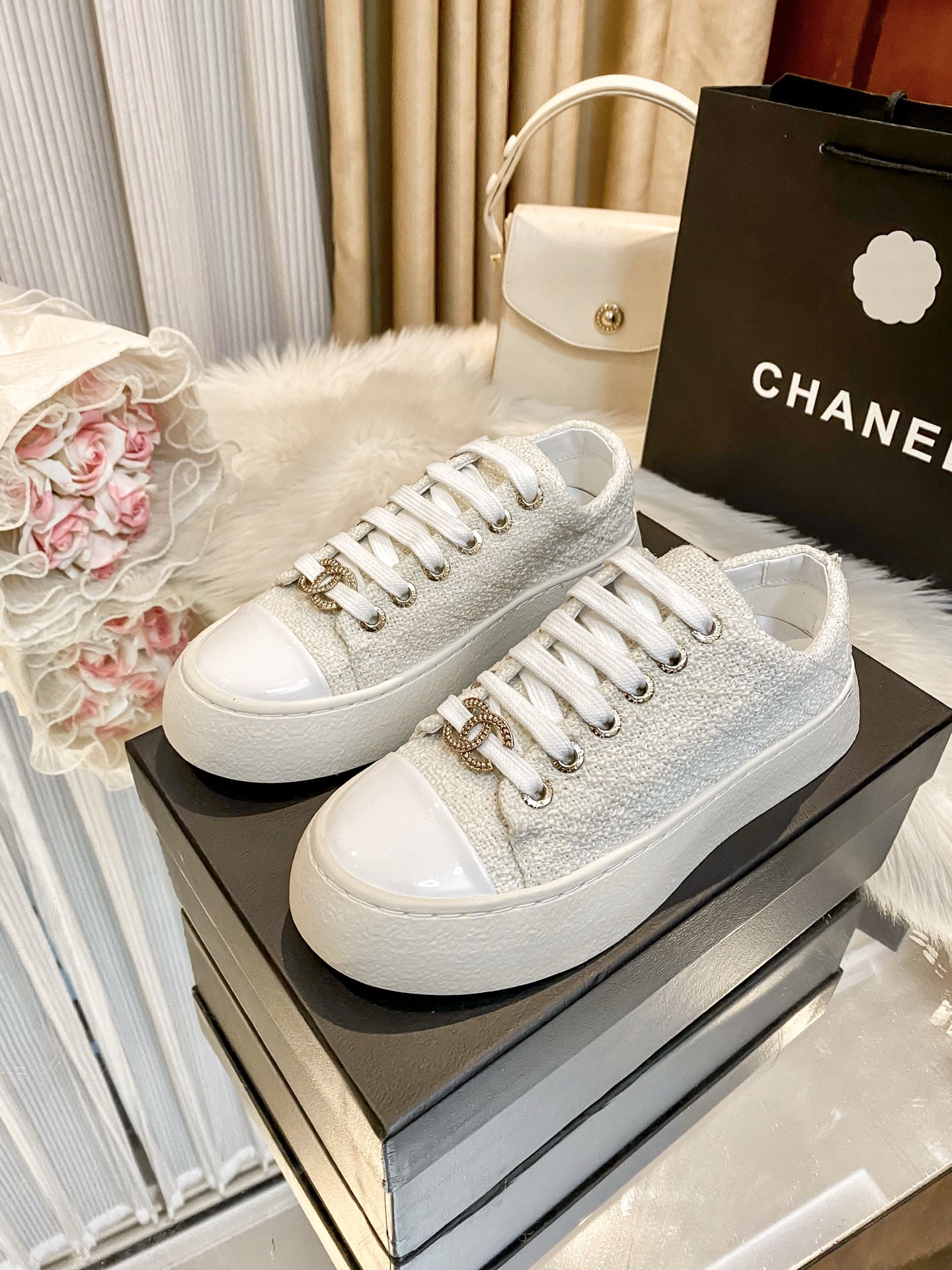 Chanel Tweed Platform Sneakers White