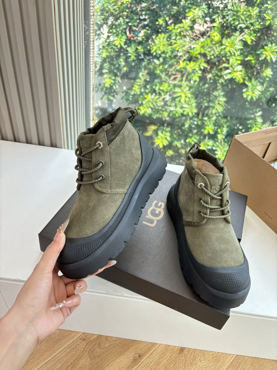 UGG Suede Wool-Lined Platform Boots Olive